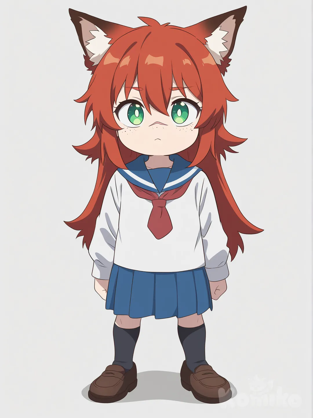 [bright-anime-style] 1girl, child, tall, red_hair, green_eyes, scar, freckles, fair_skin, fox_ears, scarf, school_uniform, furry, single character, full body, looking at viewer, anime style, simple background, white background
