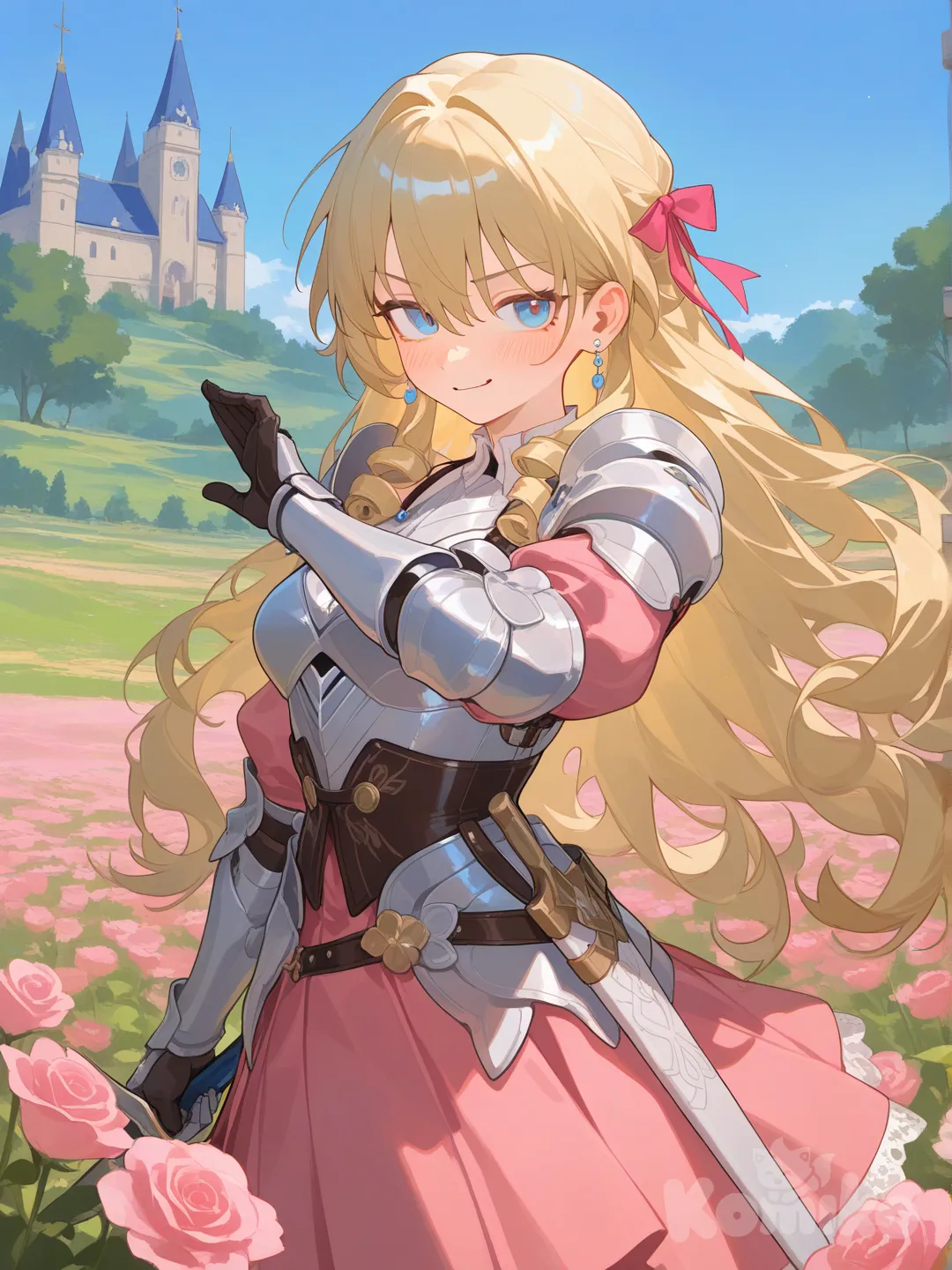 honkai: star rail, 1girl, holding sword, smirk, pleated skirt, lace, ruffles, hair accessory, jewelry, earrings, blonde hair, spiral curls, fluffy curls, gradient, upper body, looking at viewer, day, sle, blue sky, castle, forest, grassland, garden, church, flower field, blue eyes, armors, knight, pink roses, silver armor, silver corset, bow, blush, white, pink clothes, [soft-shading-style]