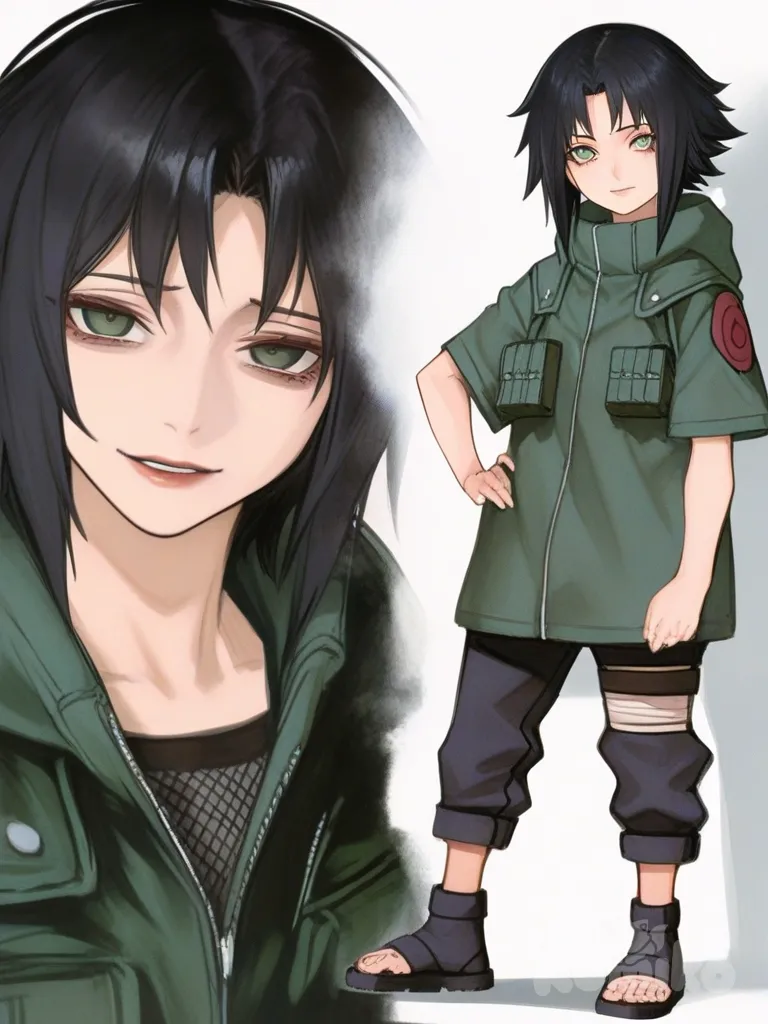 [semi-realistic-portrait-style] 1girl, Naruto style, original character, mature, petite, black hair, green eyes, single character, full body, looking at viewer, anime style, simple background, white background