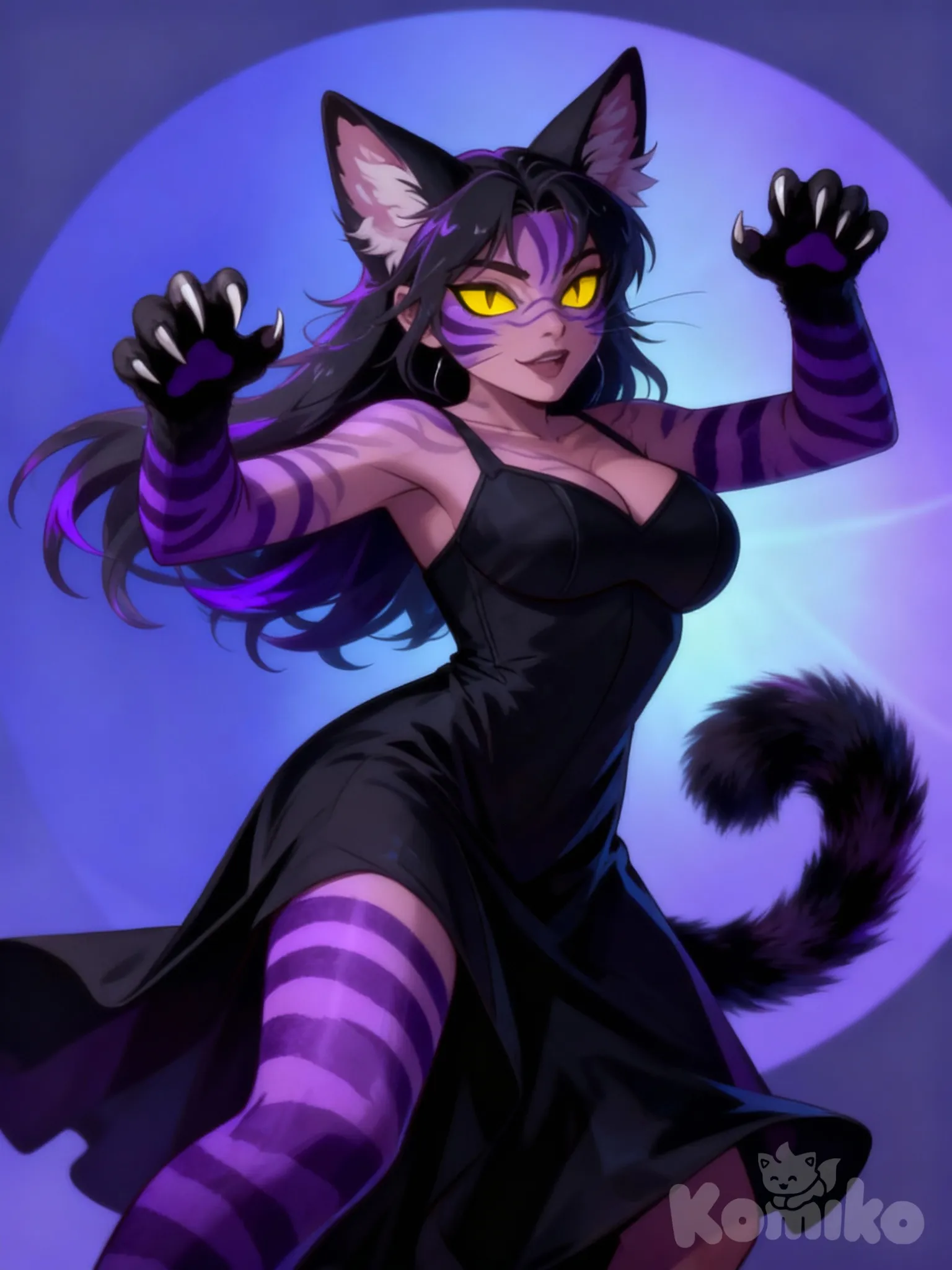 1girl, furry, anthropomorphic character, cute, smiling, black fur, yellow cat eyes, vibrant purple stripes all over body and face, black hair with purple highlight, wearing black dress, playful pose, ultra-