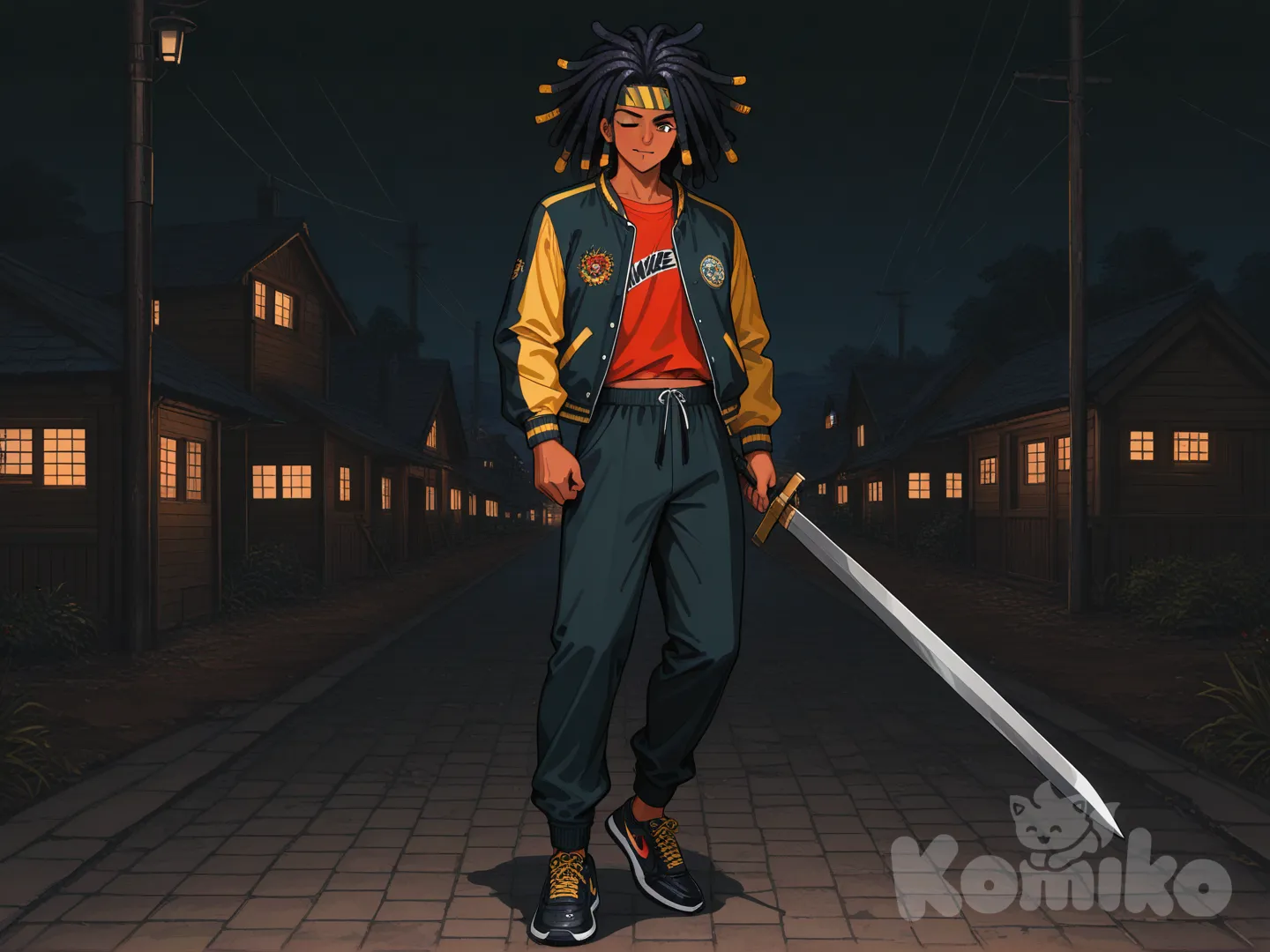 1boy, one eye closed, holding sword, varsity jacket, casual pants, casco ciberpunk, headband, dreadlocks, charcoal black, full body, cinematic lighting, village retro futurista, zapatos air one nike. Oll pixel art