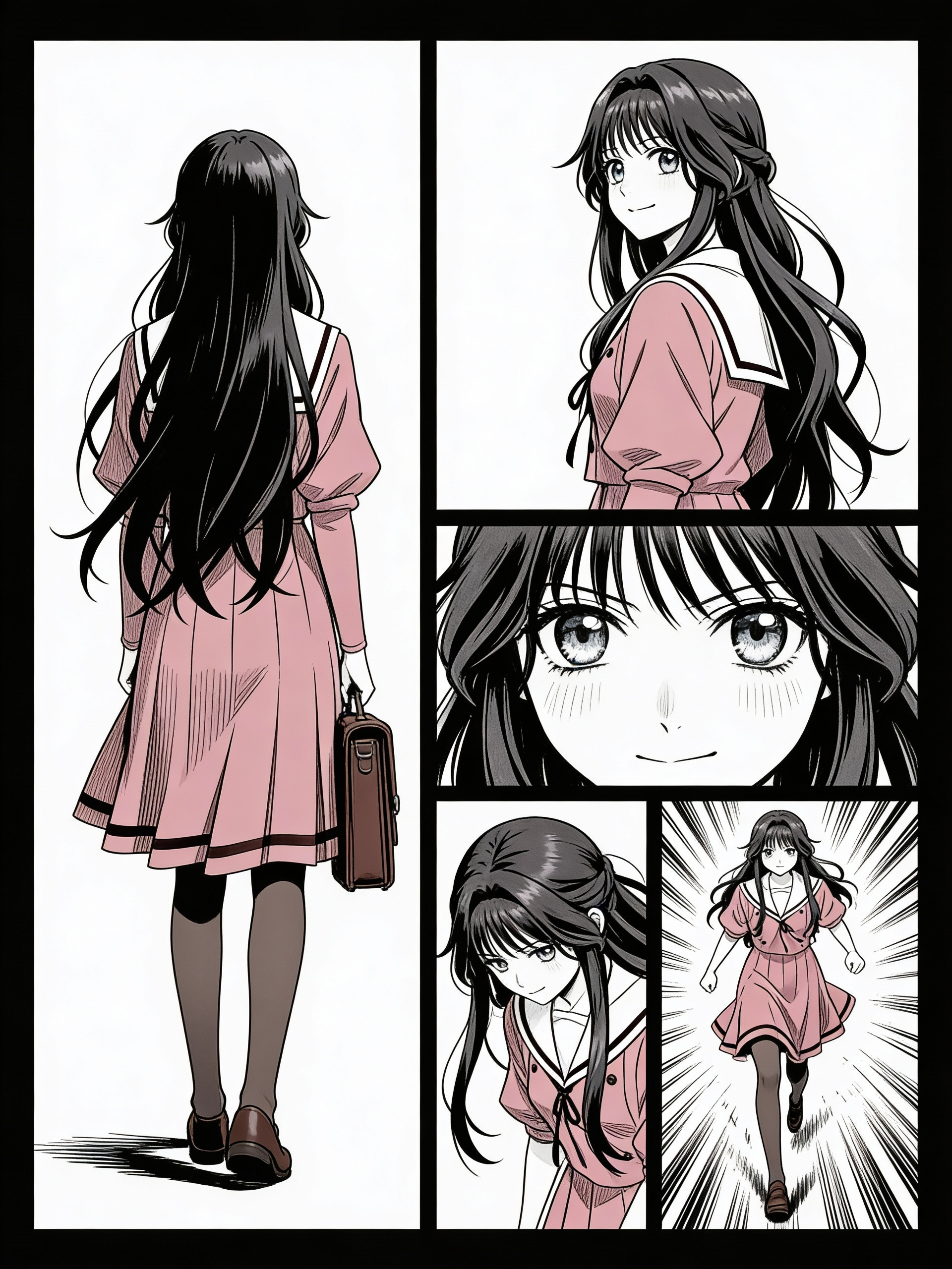 @kaoruko-gWdn Black and white manga page, traditional Japanese manga style,
one single character appearing in all panels, character design already established,
do not change the character’s appearance,
multiple panels showing different body positions and angles,
first panel: character standing still, seen from behind,
second panel: character turning slightly, three-quarter view,
third panel: close-up on the face, intense gaze,
fourth panel: character lowering the head, tense posture,
fifth panel: character stepping forward, dynamic movement,
strong ink lines, high contrast, screentone shading,
cinematic panel composition, dramatic lighting,
no color, no text, no speech bubbles,
professional manga layout, hand-drawn look, high reso