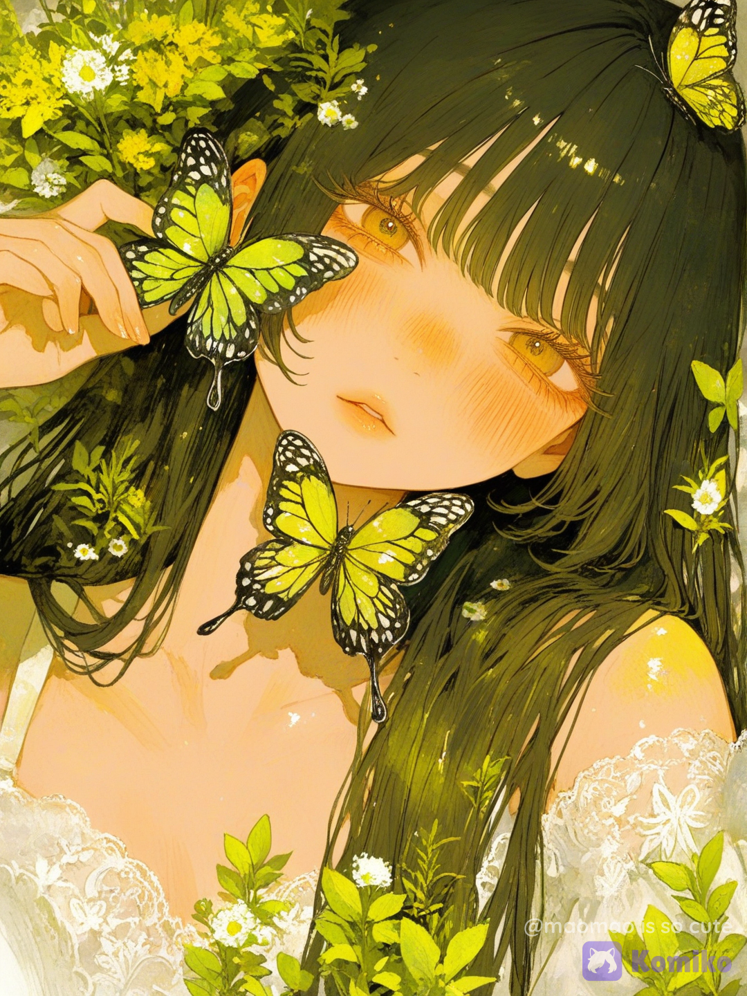 [sweet-painting-style], A close-up photograph of a young East Asian woman lying on her back with her head tilted toward the lower right of the frame, long straight black hair spread across a white fabric surface, fair skin with visible texture and subtle pink blush across the cheeks, wearing a soft off-white lace top with intricate floral patterns visible along the neckline and shoulder, her dark brown eyes looking directly toward the camera with black winged eyeliner and natural lashes, glossy pinkish lips slightly parted, her right hand positioned in the upper center holding a flat artificial butterfly with lime-green translucent wings, black vein details, and black outer edges directly against her nose and upper lip, another identical green and black butterfly resting on the lower left side of her face near the hairline, a third butterfly partially tucked into the hair on the upper right, and a fourth butterfly visible in the bottom left corner resting against her hair, soft diffused natural lighting from above creating gentle highlights on the skin and a faint shadow under the hand and butterflies, shallow depth of field keeping the face, hand, and butterflies in sharp focus while the background fabric softly blurs, high-resolution detail revealing individual strands of hair, lace texture, and the slightly matte paper-like surface of the butterflies, warm natural color grading with soft skin tones and muted green accents on the wings, captured with a modern smartphone camera using a 50mm equivalent lens at f/1.8 aperture, ISO 80, producing an intimate top-down composition with balanced negative space around the face., @Kochou_Shinobu