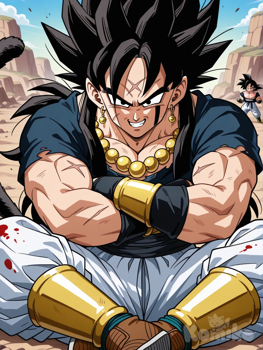@squash-LU0E, angry, dragon ball z, dragon ball art style, rocky hills, saiyan, saiyan saga art style, teeth gritting, clenched fist, damaged, ripped clothes, bloody, closeup, upper body, @chio-lZQo, also dragon ball z style, looking down at him with a smirk, arms folded