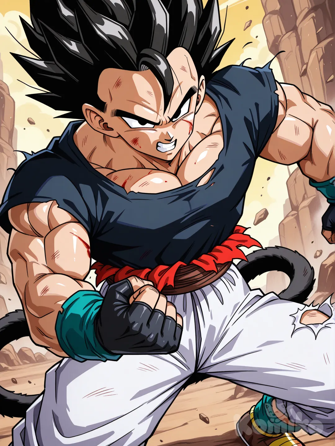 @squash-LU0E, angry, dragon ball z, dragon ball art style, rocky hills, saiyan, saiyan saga art style, teeth gritting, clenched fist, damaged, ripped clothes, bloody, closeup, upper body