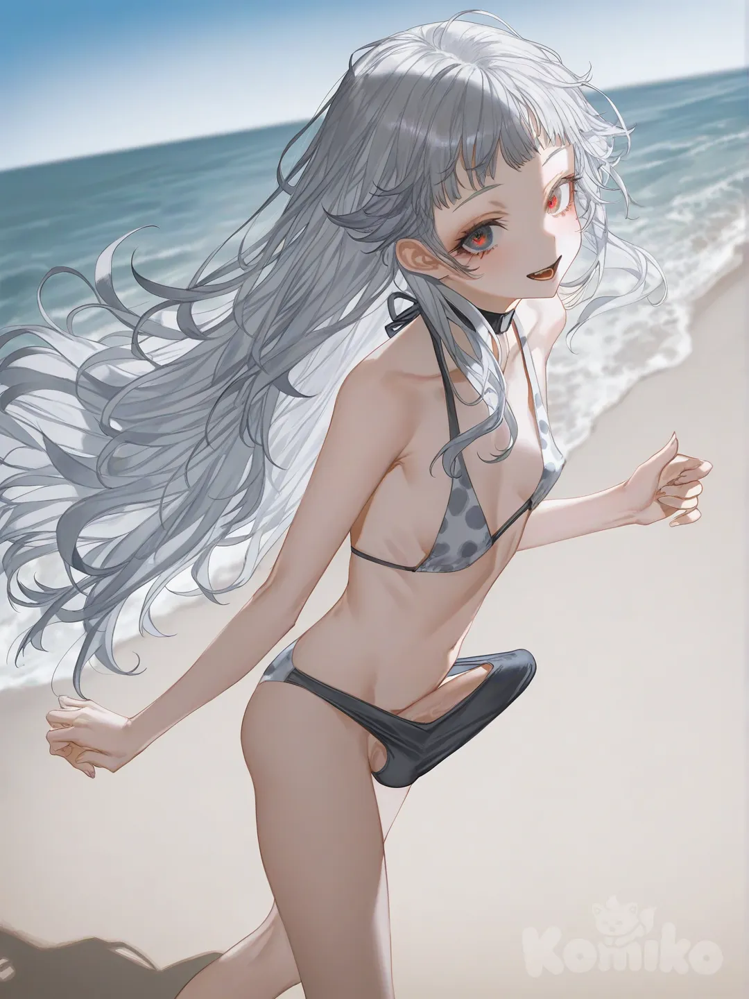 Femcel, futanari, bikini, huge penis, erection under clothes, messy hair, yandere, crazy smile, beach, staring at viewer, [soft-light-illustration-style]