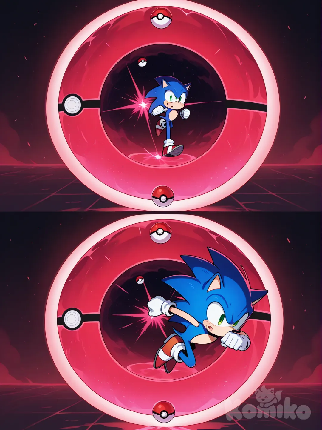 sonic the hedgehog siendo atrapado en una pokebola.
Vista antes y luego dentro.