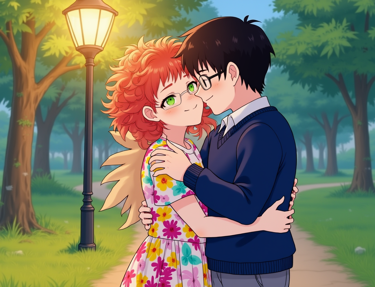 Character 0 is Lily, description: A vibrant 25-year-old woman with curly red hair, bright green eyes, and freckles. She wears a colorful floral dress and yellow sneakers..
Character 1 is Alex, description: A serious-looking 28-year-old man with short black hair, dark brown eyes, and glasses. He wears a navy blue sweater and grey slacks..
Close-up of Lily and Alex sharing a tender kiss under a streetlamp in the park. Lily's hands are on Alex's face, while Alex's arms are around her waist. Soft, warm lighting, anime style with soft pastel color and soft lighting