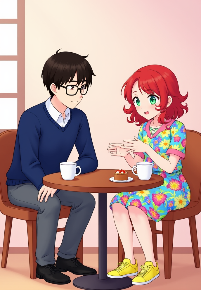 Character 0 is Alex, description: A serious-looking 28-year-old man with short black hair, dark brown eyes, and glasses. He wears a navy blue sweater and grey slacks..
Character 1 is Lily, description: A vibrant 25-year-old woman with curly red hair, bright green eyes, and freckles. She wears a colorful floral dress and yellow sneakers..
Alex and Lily sit at a small café table, engaged in deep conversation. Alex leans forward, looking intrigued. Lily gestures animatedly. Coffee cups and a slice of cake on the table, anime style with soft pastel color and soft lighting