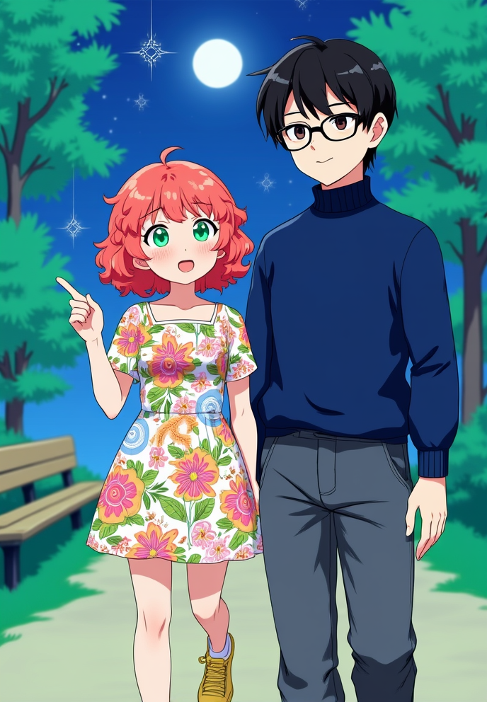 Character 0 is Lily, description: A vibrant 25-year-old woman with curly red hair, bright green eyes, and freckles. She wears a colorful floral dress and yellow sneakers..
Character 1 is Alex, description: A serious-looking 28-year-old man with short black hair, dark brown eyes, and glasses. He wears a navy blue sweater and grey slacks..
Lily and Alex walk together in a moonlit park. Lily points excitedly at the stars, while Alex gazes at her with a soft smile. Trees and a park bench in the background, anime style with soft pastel color and soft lighting