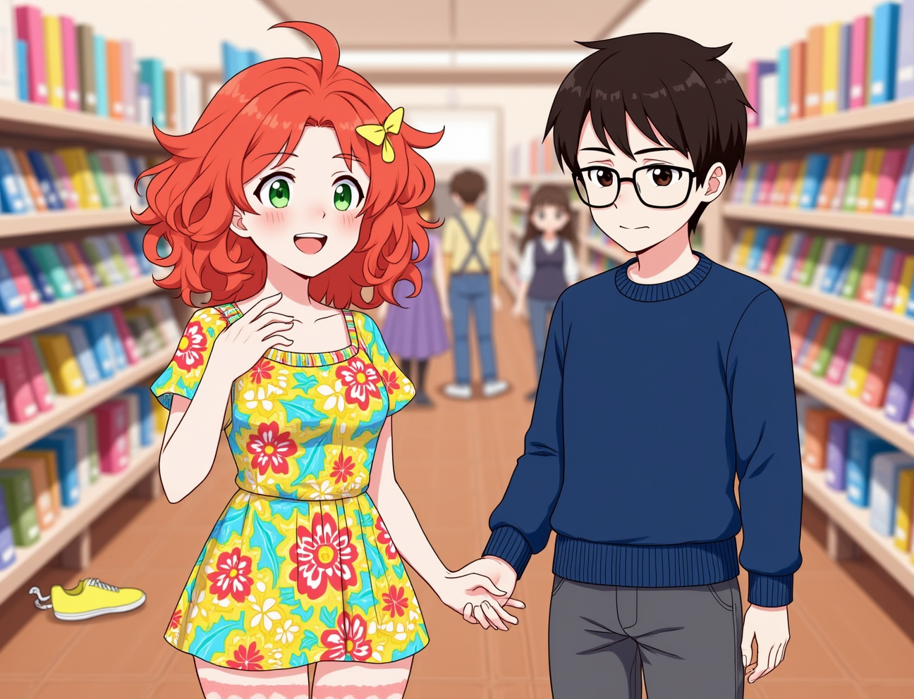 Character 0 is Lily, description: A vibrant 25-year-old woman with curly red hair, bright green eyes, and freckles. She wears a colorful floral dress and yellow sneakers..
Character 1 is Alex, description: A serious-looking 28-year-old man with short black hair, dark brown eyes, and glasses. He wears a navy blue sweater and grey slacks..
Lily, an energetic woman with curly red hair, enthusiastically introduces herself to Alex, a reserved man with glasses, at a crowded bookstore. Bookshelves in the background. Lily's body language is open and excited, while Alex looks slightly uncomfortable, anime style with soft pastel color and soft lighting