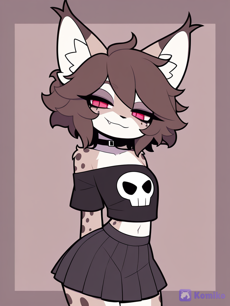 1boy, solo, furry, lynx boy, lynx ears, pointy ears, two-tone fur, (brown fur, white fur), brown head, dark-brown spots, dark-brown hair, short hair, fluffy hair, hair between eyes, streaked hair, red eyes, black pupils, slit pupils, fang, spiked teeth, navel, exposed navel, flat chest, thick thighs, wide chest, left-handed, (black t-shirt, cropped t-shirt, off-shoulder t-shirt, skull print, black skirt, pleated skirt, medium skirt, lowleg skirt), black collar, light smile, half-closed eyes, looking at viewer, [pop-toon-style], facing viewer, v-fingers, no lineart