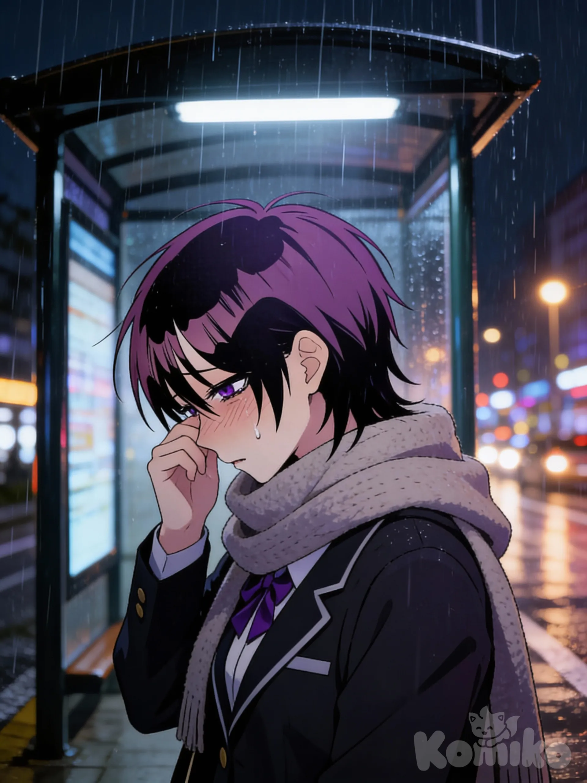 @che-yul-5xC6, selfie, wiping tears, head tilt, blush, school uniform, scarf, front profile photo, bus stop, city lights