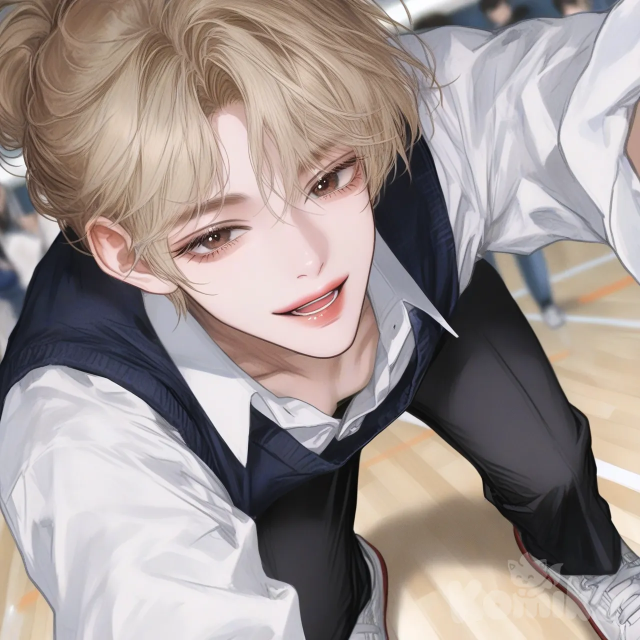 1boy, smile, dancing, [semi-realistic-portrait-style], school uniform, blonde hair, updo, bob cut, casual pants, laughing, headshot, blurred background, looking at viewer, full body, gym