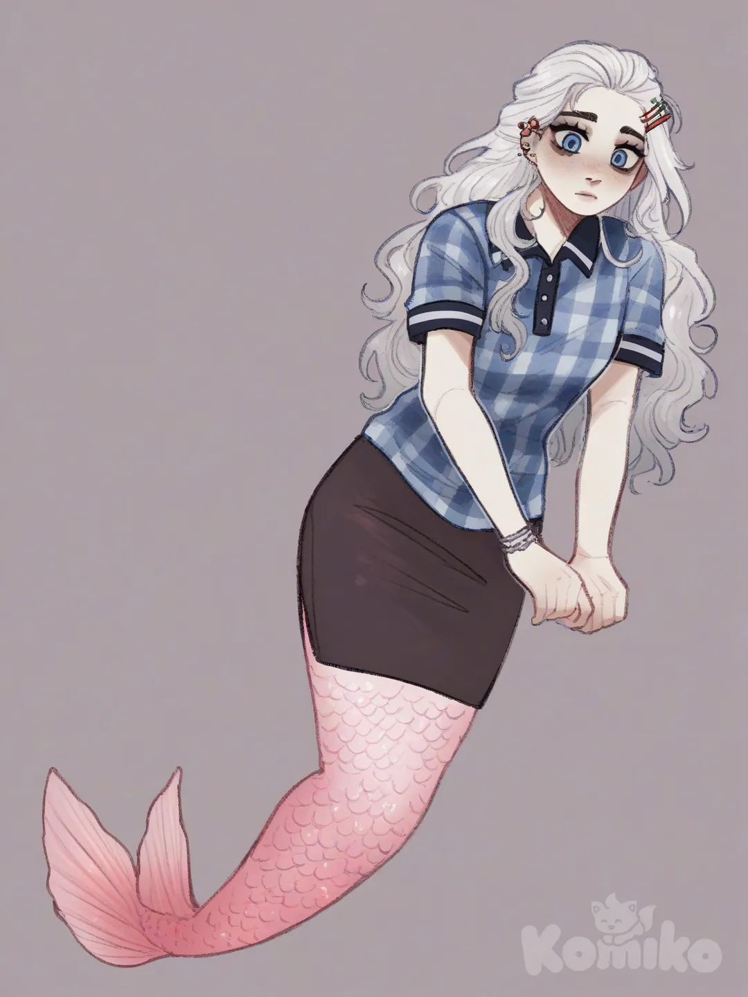 [soft-shaded-moe-style] 1girl, demon slayer style, mermaid, teenager, slim, silver hair, wavy hair, long hair, blue eyes, pale skin, polo shirt, pencil skirt, hairpin, single character, full body, looking at viewer, simple background, white background