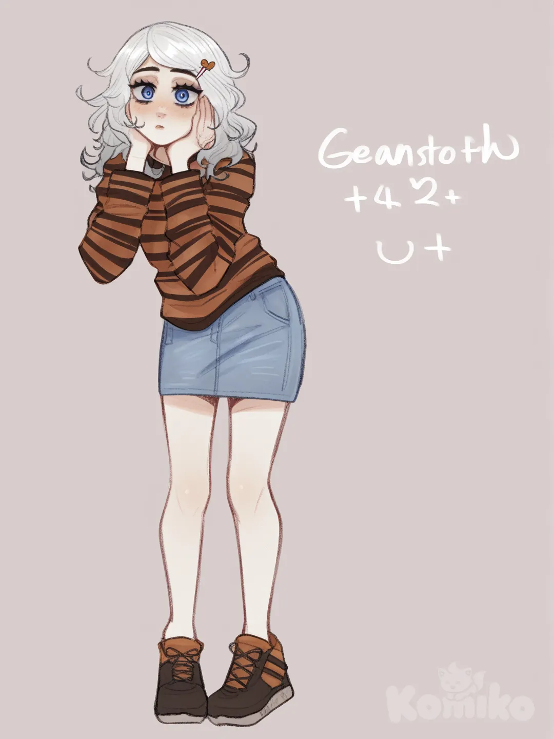 [soft-shaded-moe-style] 1girl, demon slayer style, genshin impact style, teenager, slim, white hair, silver hair, wavy hair, blue eyes, pale skin, striped shirt, denim skirt, hairpin, single character, full body, looking at viewer, simple background, white background