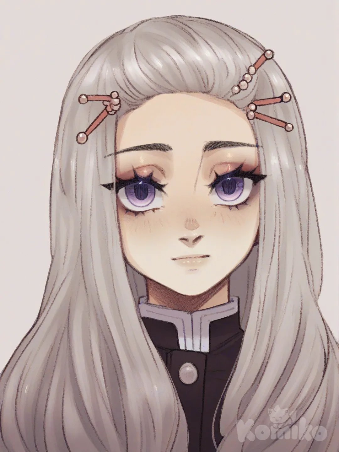 [soft-shaded-moe-style] 1girl, kimetsu_no_yaiba, teenager, slim, silver_hair, white_hair, long_hair, wavy_hair, frizzy_hair, blue_eyes, pale_skin, hairpin, pearls, demon_slayer_uniform, solo, full_body, looking_at_viewer, simple_background, white_background