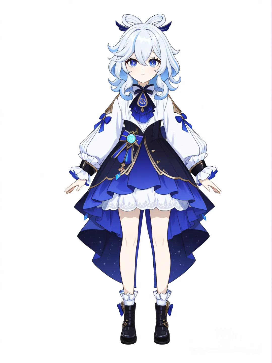 [pop-anime-style] 1girl, genshin impact style, original character, teenager, slim, white hair, silver hair, blue hair, wavy hair, frizzy hair, blue eyes, pale skin, blue genshin impact clothes, hair accessory, pearls, single character, full body, looking at viewer, simple background, white background