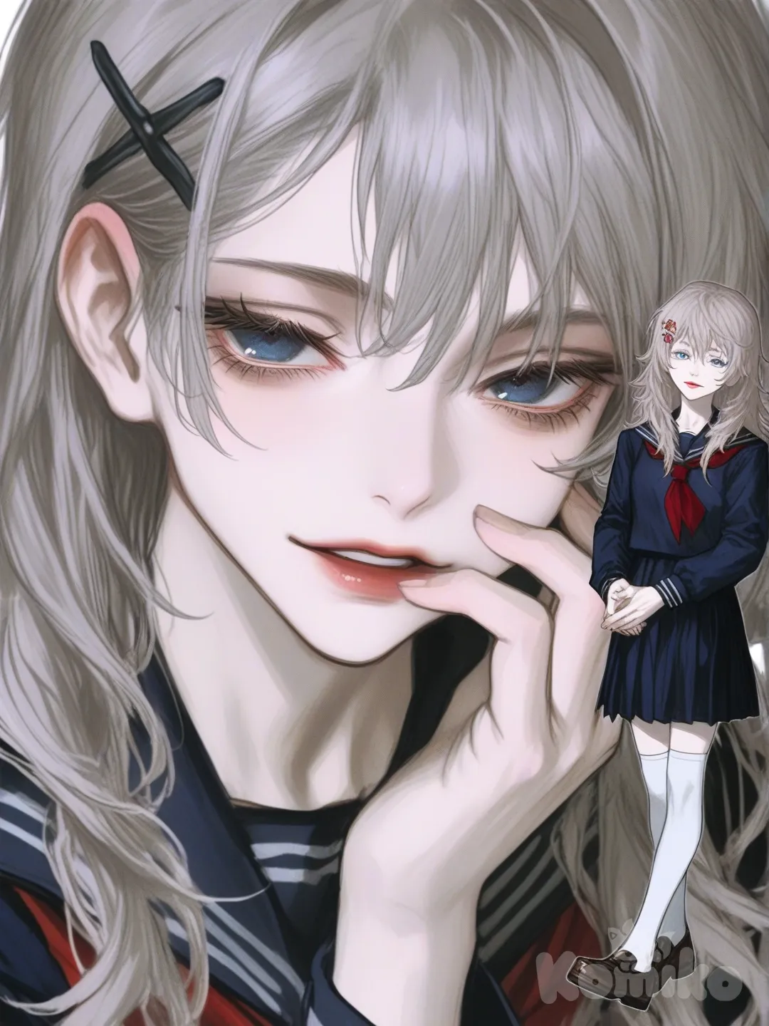 [semi-realistic-portrait-style] 1girl, jujutsu kaisen style, teenager, slim, silver hair, long hair, wavy hair, frizzy hair, blue eyes, pale skin, school uniform, knee-high socks, pearls, hairpin, single character, full body, looking at viewer, simple background, white background