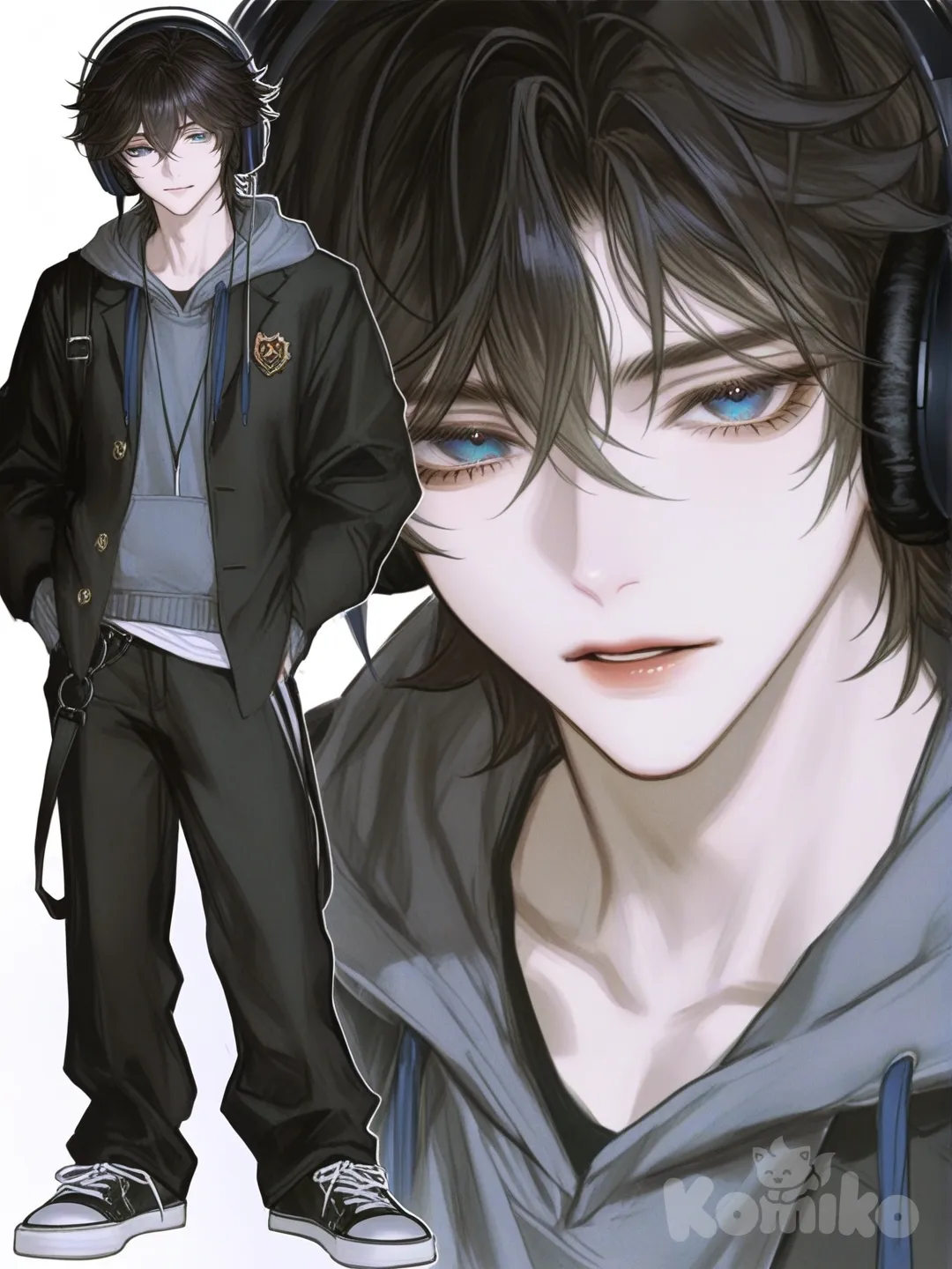 [semi-realistic-portrait-style] 1boy, genshin impact, original character, teen, slim, muscular, black_hair, short_hair, side_part, blue_eyes, pale_skin, school_uniform, casual_pants, henley_shirt, hoodie, headphones, single character, full body, looking at viewer, anime style, simple background, white background
