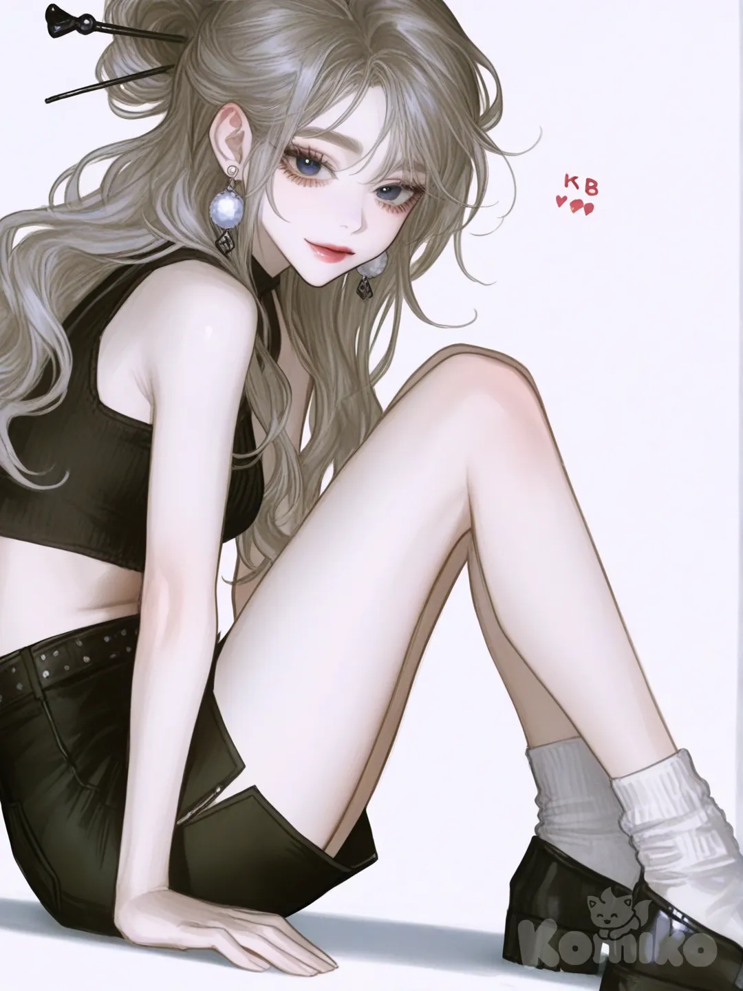 [semi-realistic-portrait-style] 1girl, genshin impact style, teenager, slim, silver hair, wavy hair, long hair, frizzy hair, blue eyes, pale skin, k-pop crop top, pleated skirt, pencil skirt, hairpin, hair accessory, earrings, pearls, single character, full body, looking at viewer, simple background, white background