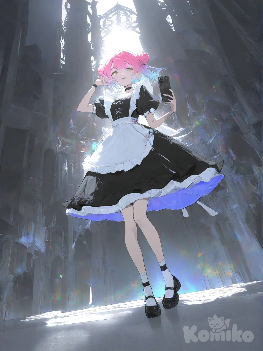 1girl, [desaturated-illustration-style], selfie, smile, choker, gradient, rainbow, double buns, lace, maid apron, full body, backlight, castle