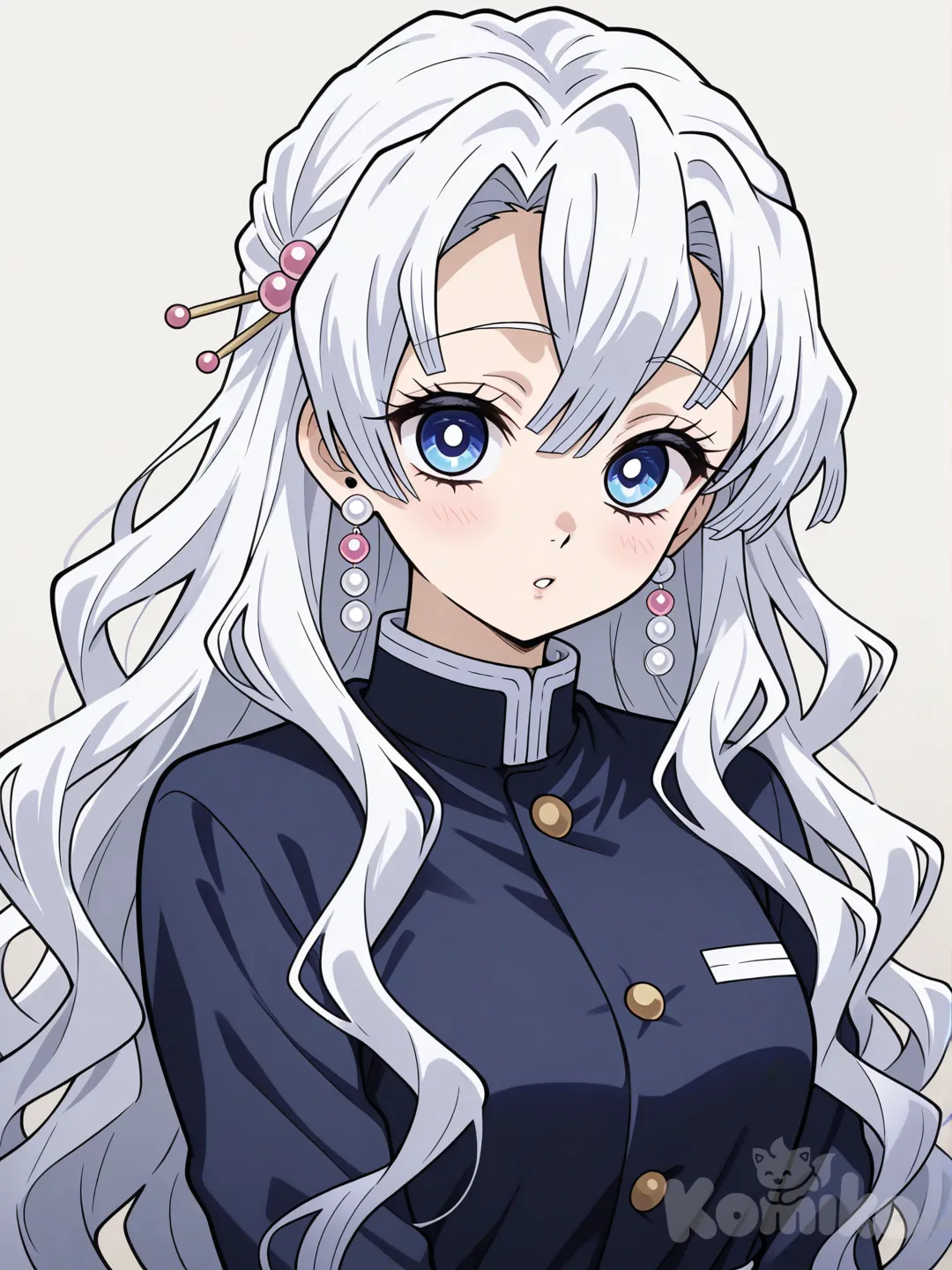 demon slayer uniform, white hair, silver hair, wavy hair, long hair, frizzy hair, blue eyes, slim, hair pin, pearl earrings
