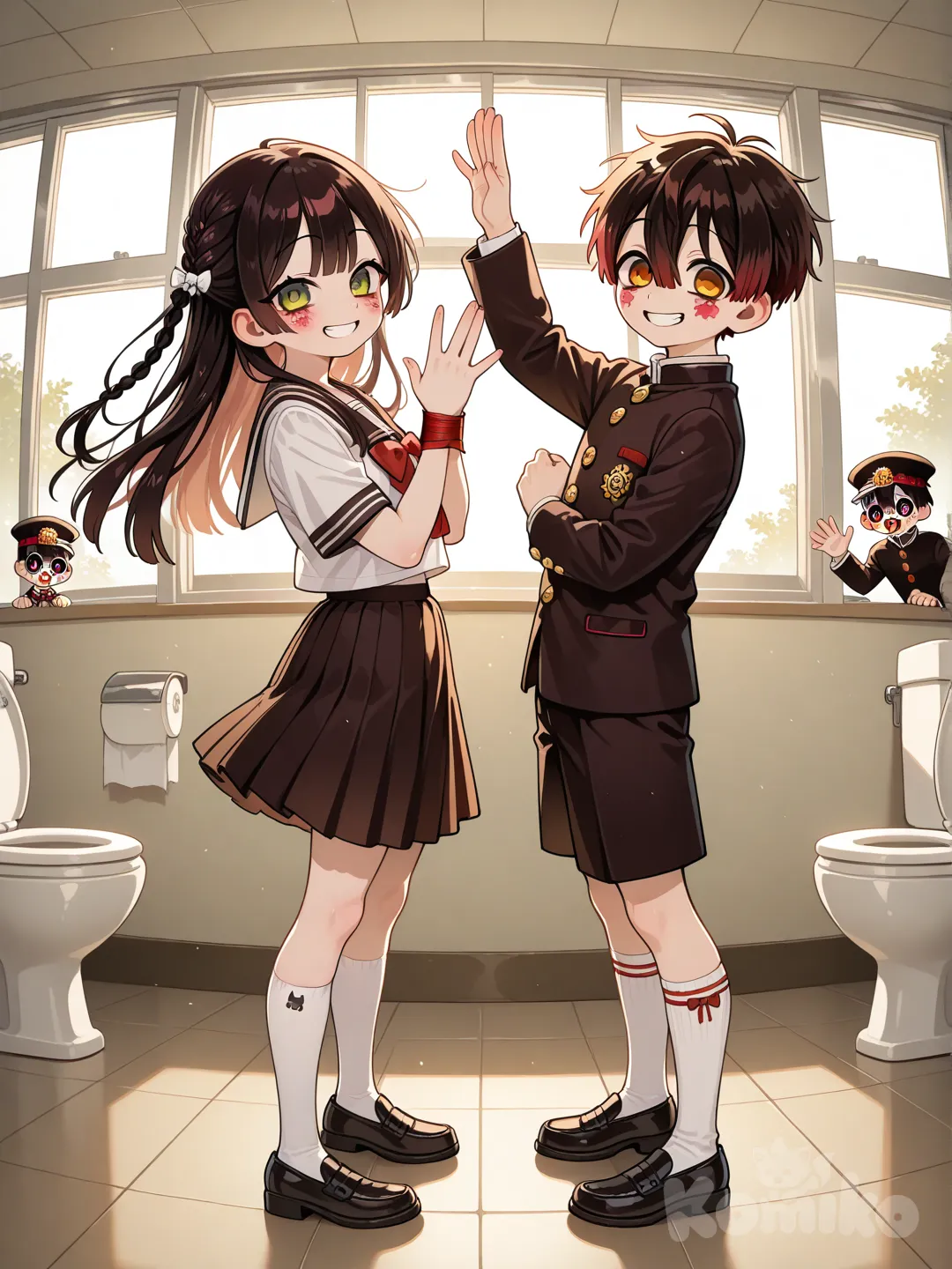 1boy, 1girl, 2people, toilet-bound hanako-kun, waving, high five, school uniform, full body, backlight, classroom