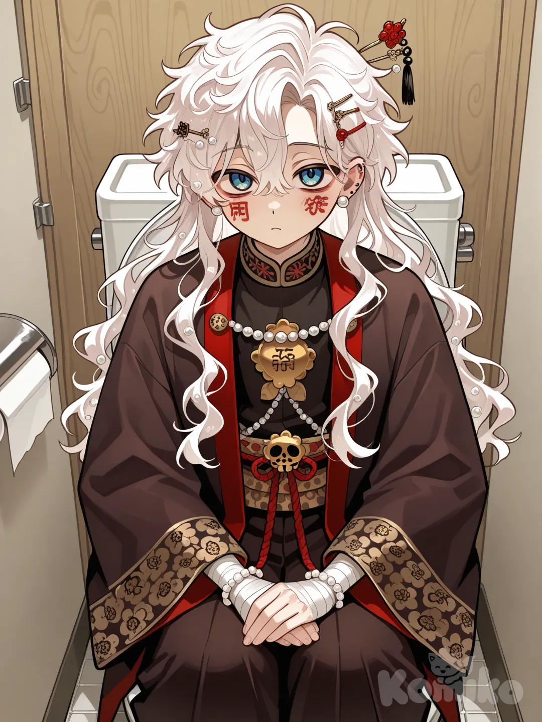 Toilet-bound hanako-kun, white hair, wavy hair, long hair, frizzy hair, blue eyes, tang dynasty clothes, pearl earrings, hair pin
