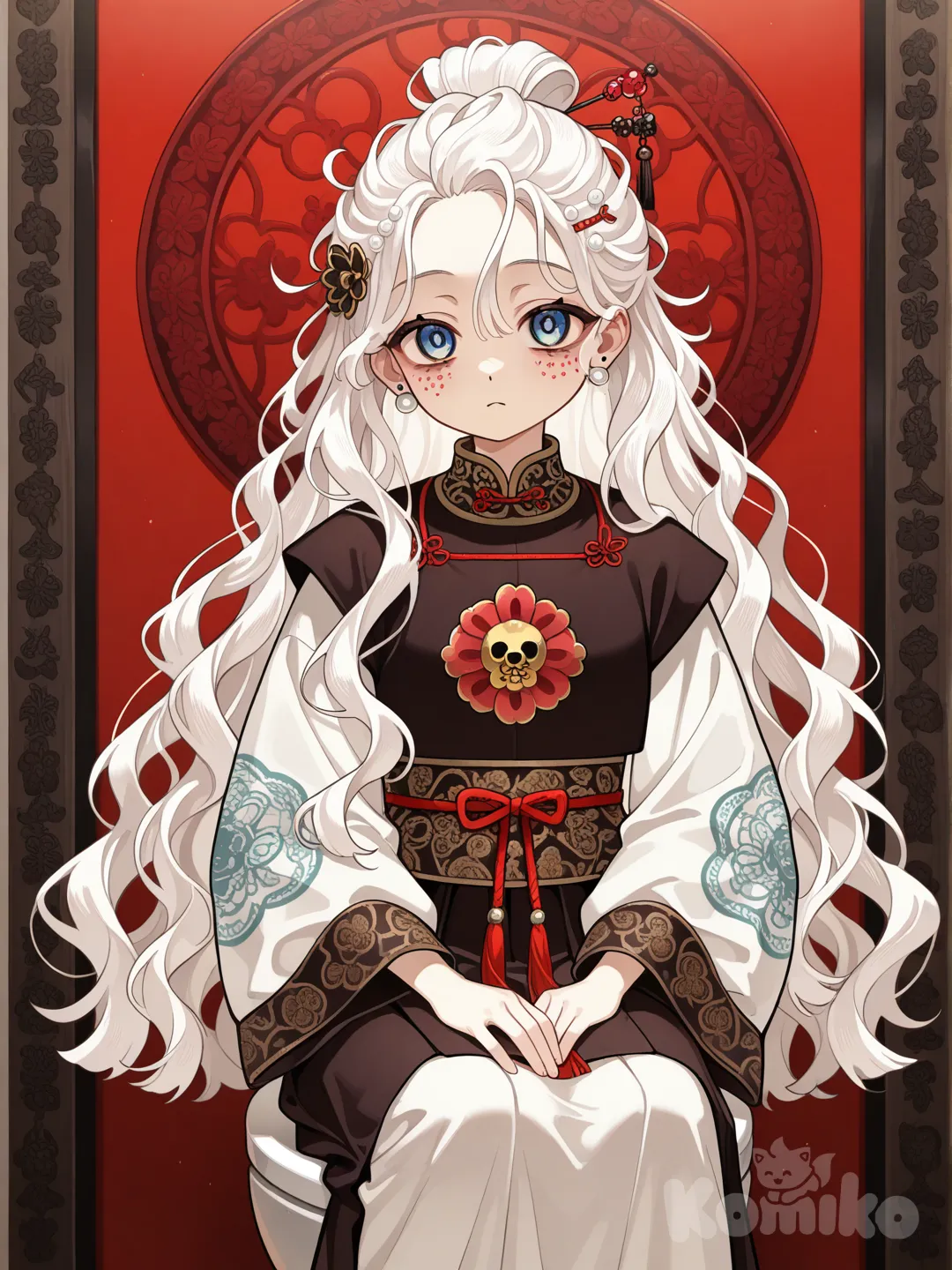 Toilet-bound hanako-kun, white hair, wavy hair, long hair, frizzy hair, blue eyes, tang dynasty clothes, pearl earrings, hair pin, 1girl