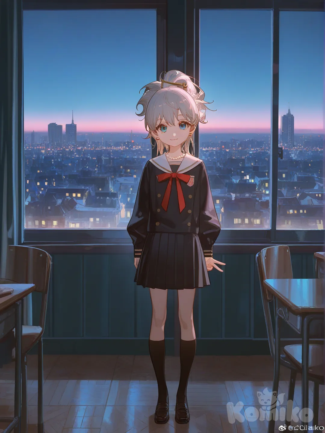 [dazzling-illustration-style], 1girl, slim, Child, spy x family, v sign, smile, school uniform, studs, hairpin, hair accessory, earrings, necklace, pearl, high ponytail, white hair, sliver hair, wavy hair, frizzy hair, blue eyes, full body, closeup, twilight, city lights, classroom