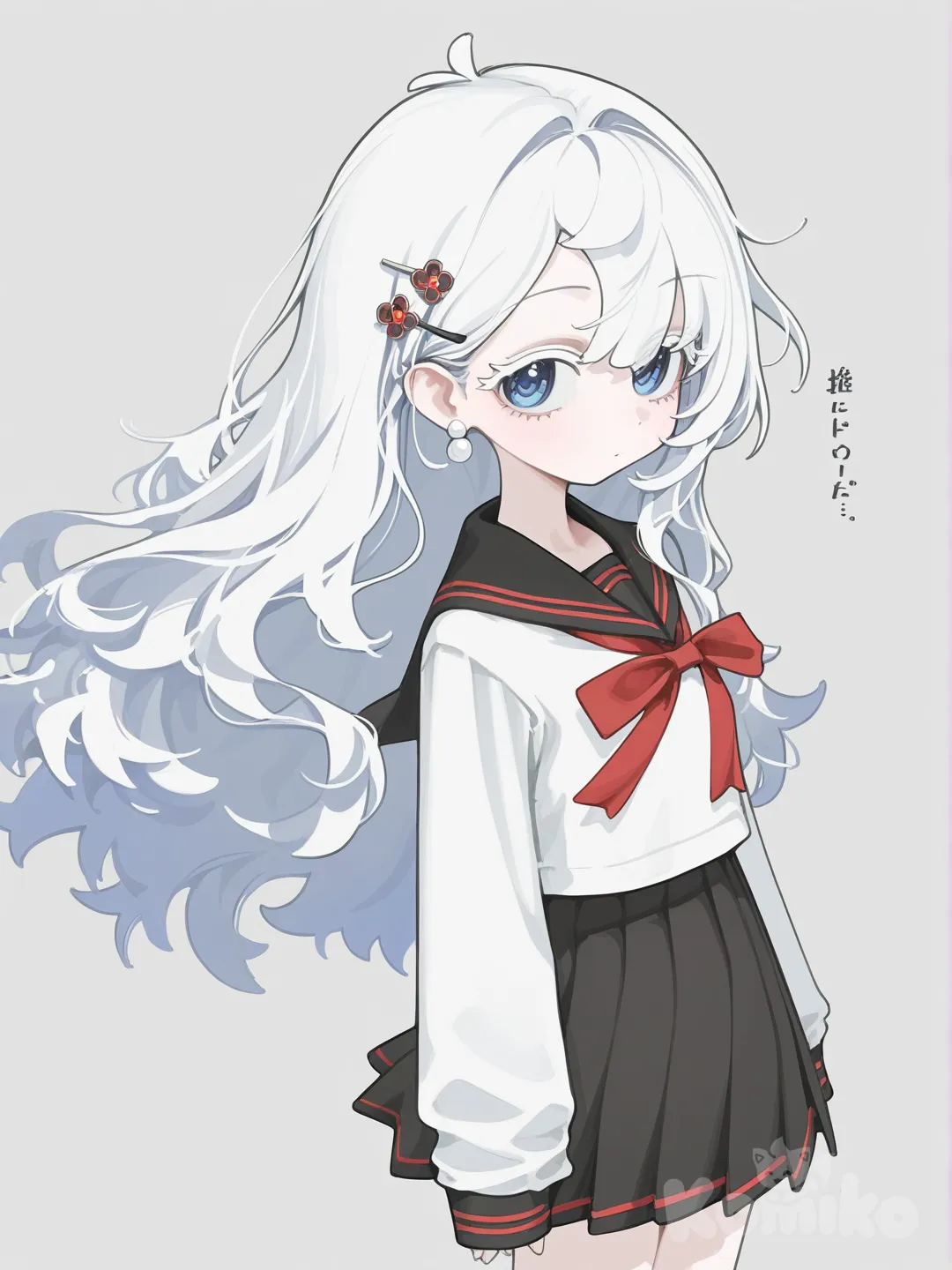 [vibrant-anime-style], 1girl, toilet-bound Hanako-kun, white hair, female, wavy hair, frizzy hair, long hair, blue eyes, pale skin, Kamome Gakuen High School uniform sailor fuku, pearl earrings, hairpin