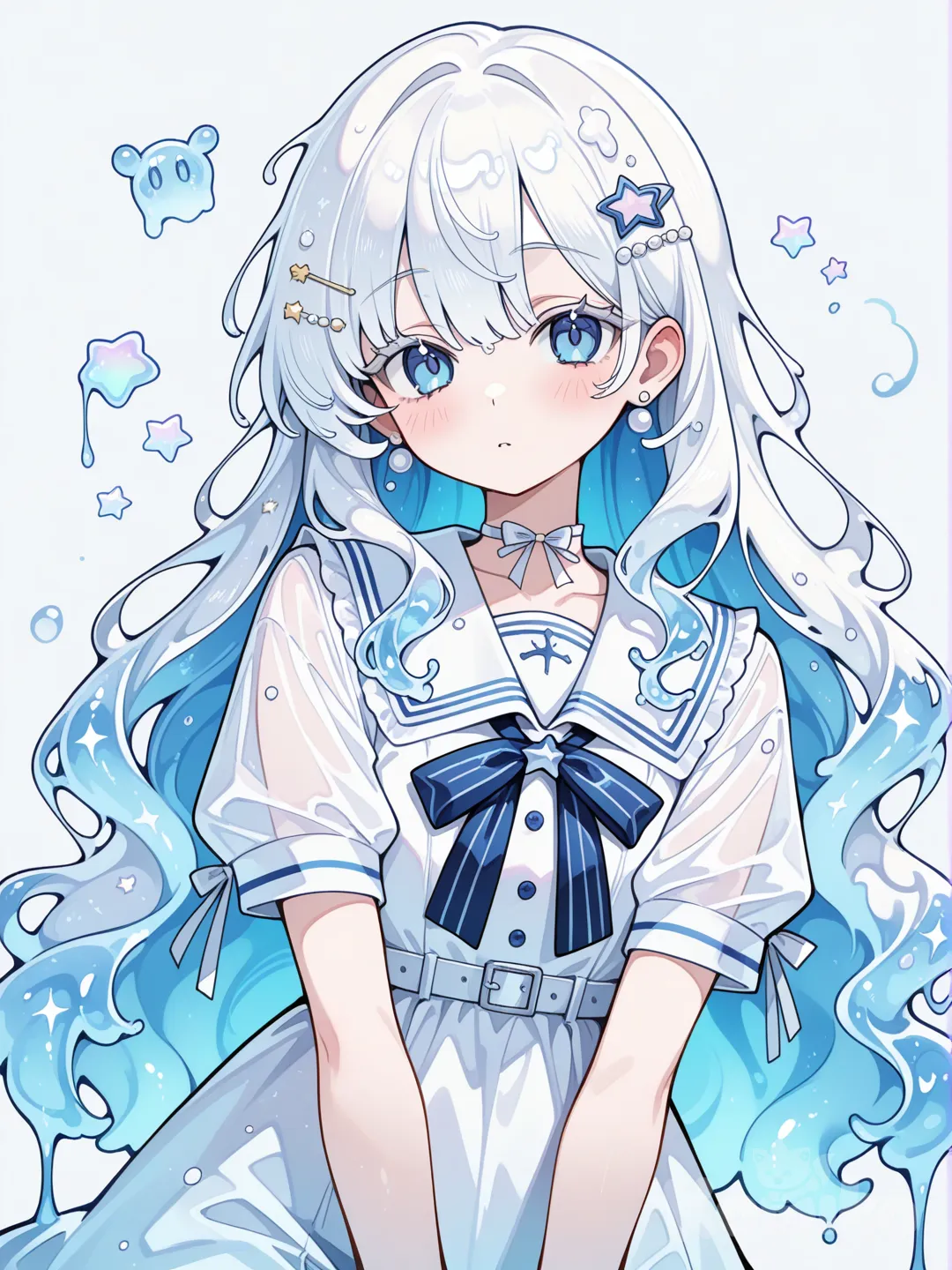 [pokemon-style], [AidaIro style] 1girl, slime girl, teen, white hair, wavy hair, long median hair, blue eye, pearl earrings, star hairpin, pale fair skin, cream-colored, short-sleeved sailor dress with a scalloped hem and magenta lining, a striped bow, [AidaIro style]