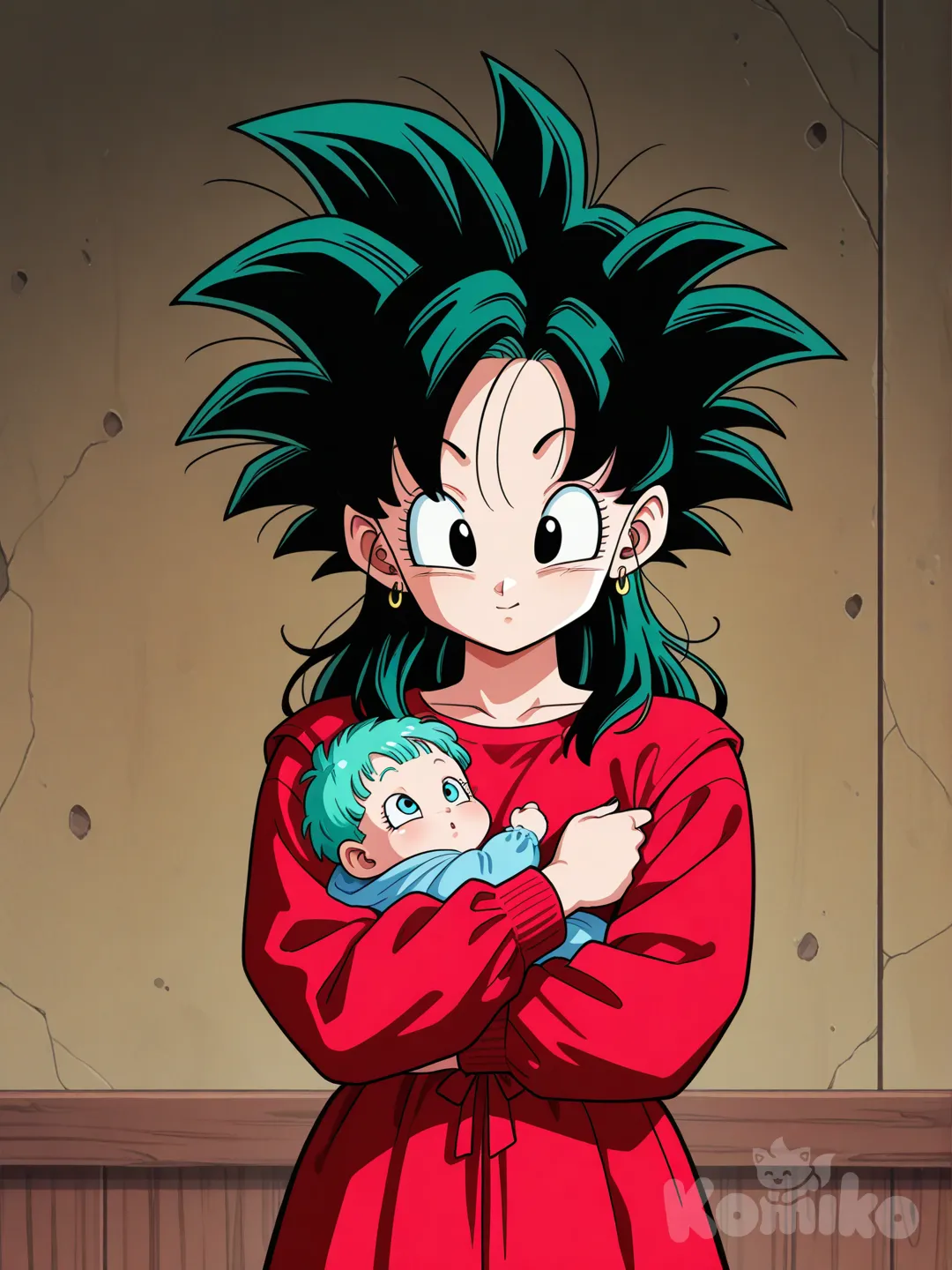 my dragon ball oc in the dragon ball art style but as a baby. Make sure it’s in the DRAGON BALL Z art style. She has big eyes and dark green - almost black hair. And a saiyan tail