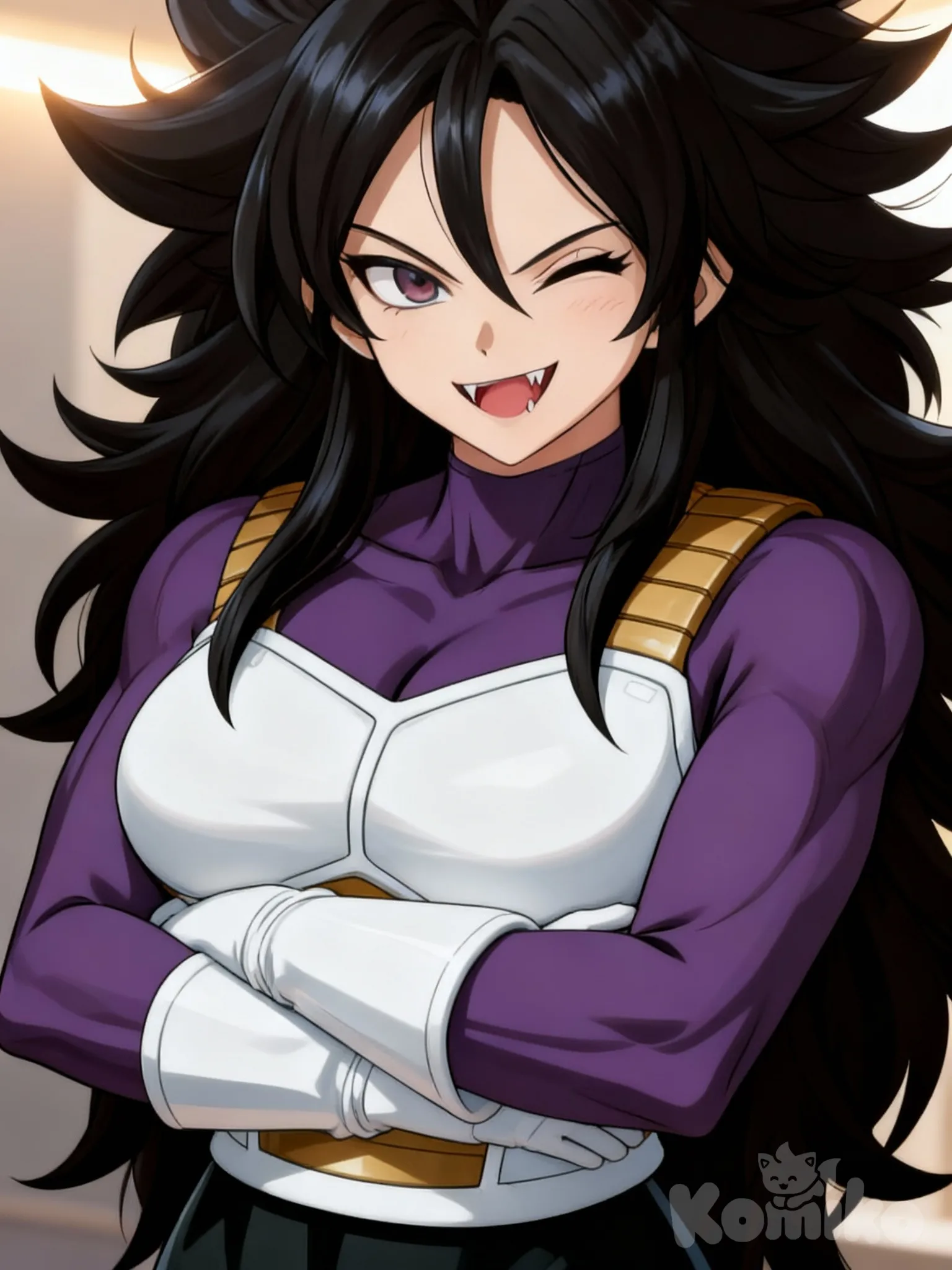 Draw her up close, smirking with her arms crossed under her chest, and give her little fangs. , ambient light