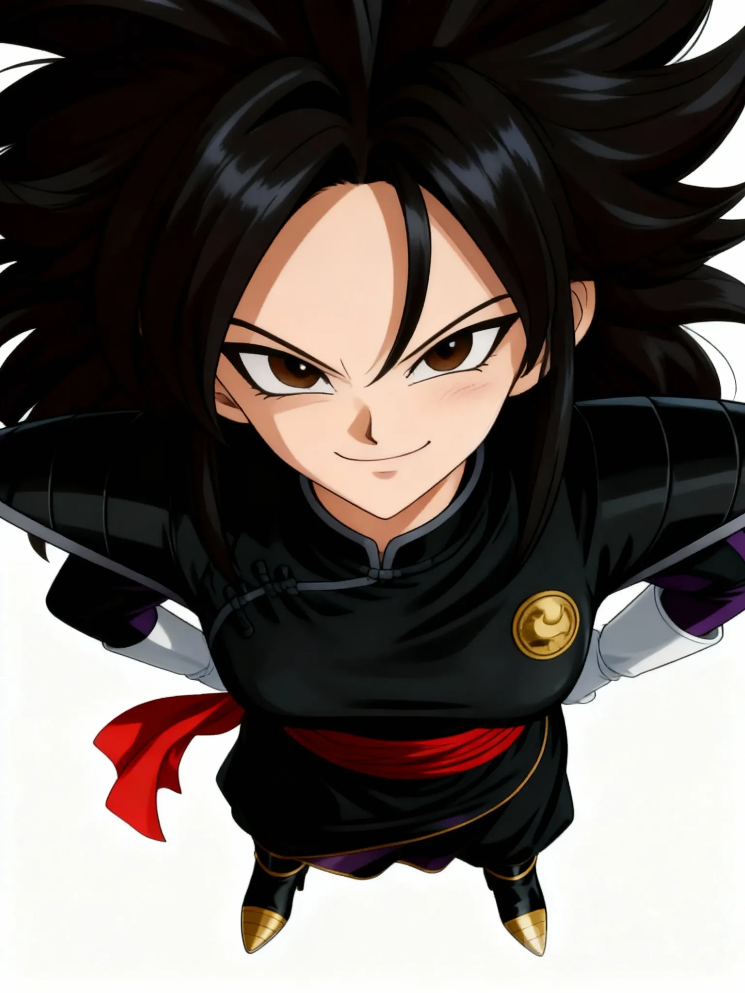 draw her at a straight camera angle, looking down at viewer. draw up close and make her grin with her mouth closed