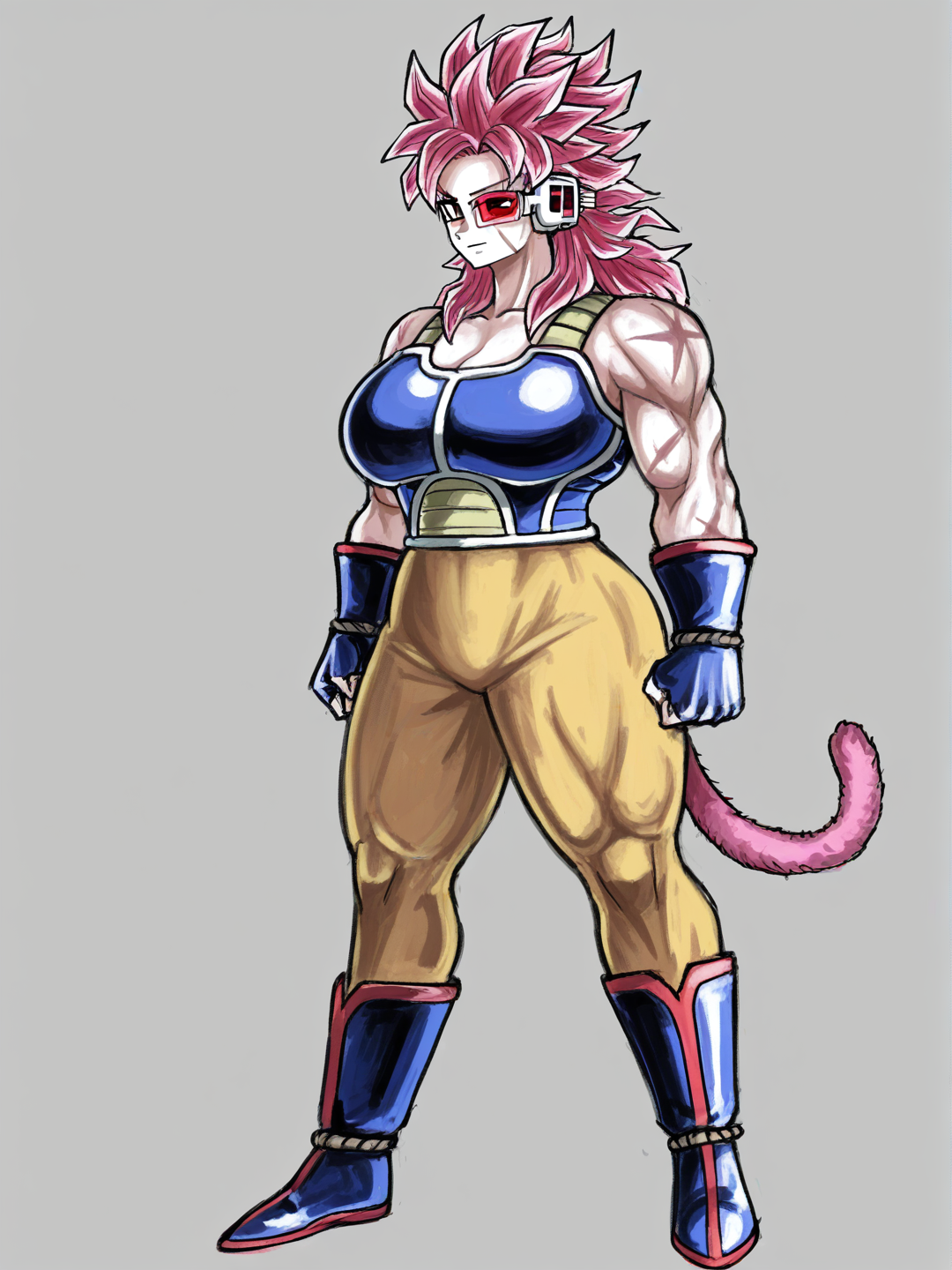 [sketchy-painterly-style] 1girl, mature_female, athletic, curvy, muscular, tall, spiky_hair, mullet, red_and_black, saiyan, tail, red_scouter, scars, single character, full body, looking at viewer, anime style, simple background, white background