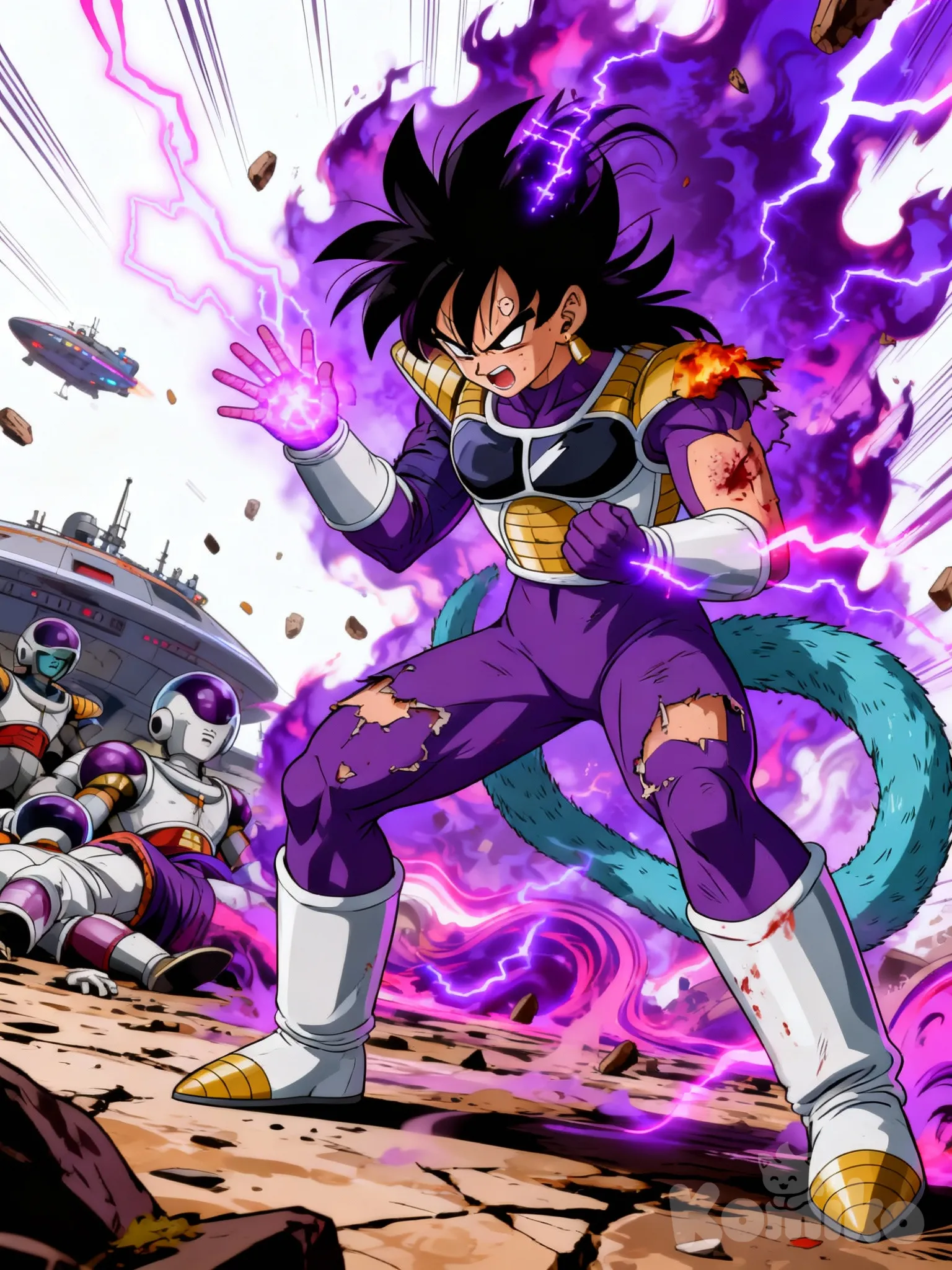 MOCHI - VENGEANCE UNLEASHED - SCENE DESCRIPTION
Camera Angle/Perspective:
Low angle shot, positioned about 15 feet away from Mochi and roughly 3-4 feet off the ground, looking up at her. This angle makes her appear imposing, powerful, and dominant - a force of nature about to unleash hell. The camera is tilted slightly (Dutch angle, about 10-15 degrees) to create unease and emphasize the chaos about to unfold. She's positioned center-frame but slightly off to the right, with the destroyed Frieza Force soldiers and ships occupying the left side and background.
Mochi's Position & Body Language:
Mochi stands in a power stance - feet shoulder-width apart, knees slightly bent, weight balanced and ready to explode into action. Her entire body radiates coiled tension, like a predator about to pounce. Her posture is aggressive, leaning slightly forward, shoulders squared and tense.
Her left arm is extended out to her side, hand open with fingers splayed and curved like claws, purple energy crackling and swirling around her palm and fingers - she's charging an attack. Her right arm is bent across her body, fist clenched at chest level, also surrounded by violent purple and magenta energy that arcs between her knuckles.
Her head is tilted slightly downward, chin tucked, but her eyes are locked forward with an intense, murderous glare - staring directly at something (or someone) off-camera. Her expression is pure rage - eyes wide with fury, irises seeming to glow with intensity, brow deeply furrowed creating sharp lines between her eyes. Her mouth is open in a snarl, teeth bared and gritted, showing both upper and lower teeth. The corners of her mouth are pulled back in feral anger. A vein is visible on her temple, pulsing with rage.
Her wild spiky black hair is blown back and upward by the violent energy aura surrounding her entire body, individual spikes more pronounced and sharp. Strands whip around her face from the energy turbulence.
Her cyan fluffy tail is raised high behind her, curved upward and bristled - the fur standing on end like an enraged cat. The tail pulses with energy, crackling with electricity-like purple ki that runs along its length. The fur glows from within with her power.
Her Condition & Appearance:
Mochi no longer wears any armor - only her torn purple bodysuit remains. The suit is shredded and damaged:
The left sleeve is completely torn off at the shoulder, exposing her entire arm
The right sleeve is torn and hangs in tatters to her elbow
Large tears across her torso, one diagonal slash from right shoulder to left hip, another across her abdomen
The legs have multiple rips and tears, especially around the thighs and knees
The fabric is singed and burned in places, edges blackened
Blood stains (both dried dark brown and fresh crimson) splatter the purple fabric
Dirt, ash, and combat residue cover the suit
Her exposed skin shows battle damage but she's clearly past caring about pain:
Cuts and bruises on her arms, shoulders, and visible torso
A deep gash across her left bicep, still bleeding slightly
Burn marks on her right shoulder
Scratches across her collarbone and neck
Despite injuries, her muscles are tensed and defined - she's running on pure adrenaline and rage
Her face has fresh blood - a cut above her right eyebrow bleeding down the side of her face, blood at the corner of her mouth (either from a hit or from screaming/exertion). Sweat mixes with blood and dirt, creating dark streaks down her face and neck. Her expression shows she feels no pain - only fury.
Her Energy Aura:
Mochi is enveloped in a violent, explosive energy aura that dominates the visual space around her:
Primary aura: Deep purple and magenta flames erupting from her body, flickering and wild
The aura crackles with electricity-like purple lightning that arcs chaotically around her
Energy distortion waves emanate from her body, warping the air visibly
The ground beneath her feet is cracking and fragmenting from the pressure of her power
Small rocks and debris are floating upward around her, caught in her energy field
Her aura creates a bright glow that illuminates her from all angles, creating dramatic lighting on her face and body
Sparks and energy particles explode outward from her body constantly
The intensity suggests she's powering up to a transformation or preparing a devastating attack
The aura has a chaotic, unstable quality - this isn't controlled power, this is rage made manifest.
The Fallen Frieza Force:
Scattered around Mochi and throughout the battlefield are defeated Frieza Force soldiers and technology:
Immediate foreground (closest to camera, 3-5 feet from Mochi):
A Frieza soldier's body face-down in a crater, armor shattered, one arm twisted at an unnatural angle
A broken scouter crushed into the ground, screen shattered, sparking weakly
Scorch marks and blast craters in the earth
Mid-ground around Mochi (8-15 feet):
Multiple Frieza Force soldiers in various states of defeat: some slumped against rocks, others sprawled on the ground, one embedded in broken terrain with only legs visible
Their armor is the recognizable Frieza Force colors (purple, white, green variants) but completely destroyed
Bodies are smoking from energy blast impacts
Weapons scattered and broken - energy rifles, blasters, staffs
One soldier's body is partially crystallized/frozen from one of her Glacé State attacks, frost covering their armor
Background (20-40 feet and beyond):
A crashed Frieza Force attack pod, smoking and sparking, hull breached and crumpled
A damaged hover tank or small ship, tilted on its side, engulfed in flames
More bodies scattered across the battlefield
The wreckage of military equipment - portable shields, supply crates, communication devices
Small fires burning throughout the area
Debris field of battle - spent energy cartridges, broken armor pieces, destroyed weaponry
The Environment/Landscape:
The battle takes place in a rocky, hostile alien terrain (possibly a planet the Frieza Force was occupying):
Jagged rock formations and outcroppings throughout the area
Uneven, cratered ground from energy blasts and explosions
Dark gray and brown rock with purple-tinted crystals embedded in formations
Broken plateaus and cliff faces in the background
Steam or smoke vents rising from cracks in the ground
The terrain is lit by fires and explosions, creating an industrial hellscape feeling
Destruction evidence:
Multiple blast craters of varying sizes, edges still glowing orange with residual heat
Scorched earth patches where intense energy was unleashed
Shattered rock formations, broken and collapsed
Trenches carved into the ground from energy beam attacks
Debris clouds of dust and smoke settling across the battlefield
The Sky:
A violent, stormy sky that mirrors Mochi's rage:
Dark purple and black storm clouds swirl overhead, heavy and oppressive
Lightning bolts (natural, not from Mochi) crack through the clouds in multiple places - electric blue and white
The clouds are illuminated from within by Mochi's energy aura below, creating an eerie purple underglow
Smoke from the battlefield rises to meet the clouds, creating a hellish haze
Occasional breaks in the clouds show a deep crimson twilight sky
The atmosphere feels charged, electric, apocalyptic
In the far distance, multiple pillars of black smoke rise from destroyed Frieza Force installations
The sky has a swirling, turbulent quality suggesting an approaching storm - or perhaps Mochi's power is affecting the weather itself.
Lighting:
Multiple dramatic light sources create intense contrast:
Primary light: Mochi's energy aura - casts bright purple and magenta light on everything around her, creating sharp highlights on her body, face, and the nearby fallen soldiers. This is the brightest light source.
Secondary lights:
Fires burning on wreckage and ground - warm orange and red glows
Sparking electrical damage from destroyed tech - blue-white flickers
Lightning from the sky above - brief intense white illumination
Residual energy glow from blast craters - orange-red
The lighting creates extreme contrast - deep shadows contrasted with brilliant highlights. Mochi's face is dramatically lit from below by her own aura, creating an intimidating, almost demonic shadow effect on her features while her eyes seem to glow with rage.
Rim lighting from fires and explosions in the background creates silhouettes of the destroyed equipment and bodies.
Color Palette:
Mochi's bodysuit: Deep purple (darker when torn/dirty), now the only recognizable Frieza Force color on her
Her cyan tail: Vibrant and glowing with energy, the brightest pure color in the scene
Her skin: Tan but dirt-covered, with fresh blood (bright red) and dried blood (dark brown)
Black hair with purple energy glow reflecting off it
Her energy aura: Deep purple, bright magenta, with electric purple lightning
Fallen Frieza soldiers: Purple, white, and green armor (now shattered and burned)
Ground: Dark gray, brown, black from scorching
Fires: Orange, red, yellow
Sky: Dark purple, black clouds with electric blue lightning
Crystals in rock: Purple and blue tints
Smoke: Black, dark gray, with purple tints from aura reflection
Atmospheric Effects:
Thick smoke and dust clouds drifting across the battlefield, creating layers of depth
Heat distortion waves from fires and Mochi's energy
Energy particles and sparks floating throughout the air around her
Embers rising from fires
Small rocks and pebbles levitating around Mochi from her power
Electrical arcs crackling through the air
Dust being blown away from her in expanding waves from her aura pressure
Lens flare effects from the intense energy she's generating
Motion blur on the wildest parts of her aura to show violent movement
Depth & Composition:
Extreme foreground (bottom of frame): Destroyed scouter and broken armor pieces, slightly out of focus
Near foreground: Fallen soldier body, sharp focus, creating a leading line toward Mochi
Mid-ground: Mochi in full sharp focus, the clear focal point, energy aura creating a visual barrier/wall
Background: More destruction fading into smoke and haze, progressively less distinct
Far background: Silhouettes of destroyed structures against the stormy sky
Mood/Atmosphere:
Raw, unfiltered vengeance. This is not a hero's moment - this is a massacre in progress, justified by genocide. Mochi is judge, jury, and executioner. The scene should feel simultaneously powerful and tragic - she's gained immense strength from her rage, but it's fueled entirely by loss and grief transformed into fury.
The Frieza Force soldiers around her aren't just defeated - they're utterly destroyed, showing no mercy was given. This is personal. This is payback. The energy and intensity suggest she's nowhere near done - there are more to kill, and she won't stop until every last one pays for what they did to the Dolce.
The scene should evoke the feeling of unstoppable force meeting immovable determination. Anyone viewing this should think "I would not want to be in the Frieza Force right now."
Additional Details:
Mochi's hands are trembling - not from fear or exhaustion, but from barely contained rage
The veins in her arms and neck are visible and pronounced from the strain of her power
Her teeth are clenched so hard that her jaw muscles are visibly defined
Small trails of energy "steam" rise from her body like she's overheating from power
The purple bodysuit is the only remaining visual connection to the Frieza Force - a cruel reminder of who she once served
Footprints behind her show a trail of destruction - each step has cracked the ground
One of the fallen soldiers near her has claw marks across their armor - she's been fighting brutally, personally
Her shadow, cast by her own aura, stretches long and sharp across the broken battlefield
Distant explosions are visible on the horizon - she's been systematically destroying everything Frieza Force in the area
The composition should feel like the calm before the storm - she's charging up for something massive, and whatever (or whoever) she's staring at is about to experience absolute destruction.