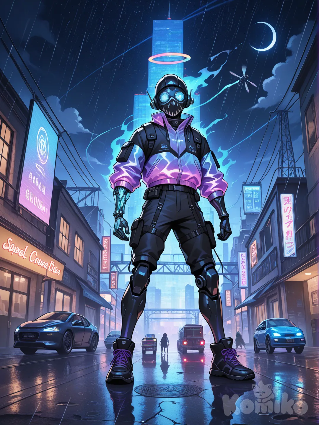 A hyper-photorealistic 16K cinematic render of a sprawling cyberpunk megalopolis at midnight, where towering skyscrapers pierce a smog-choked sky streaked with neon-pink, electric blue, and acid-green hues—their facades covered in massive holographic billboards projecting looping ads in alien scripts and human languages, 3D holographic dancers twirling between buildings, and floating news tickers scrolling through breaking headlines. The skyscrapers vary in design: some are sleek, glass-and-steel monoliths with glowing vertical LED strips, others are jagged, industrial structures with exposed pipelines belching neon-purple steam, and a few ancient, weathered towers wrapped in tangles of fiber-optic cables that glow like bioluminescent vines. Between the buildings, multi-level highways weave like glowing snakes—elevated roads packed with hovercars of all shapes and sizes (sleek corporate shuttles, beat-up street racers, bulky cargo transporters) emitting trails of cyan exhaust, while skybridges made of transparent carbon-fiber connect skyscrapers, bustling with pedestrians in futuristic streetwear (neon-lit jackets, cybernetic augmentations, holographic masks).
Below, the streets are a chaotic tapestry of life: neon-lit food stalls serving synthetic noodles and glowing energy drinks, their awnings flickering with holographic menus; street vendors selling black-market cybernetic parts and bootleg tech from rusted carts; crowds of people—some with glowing eye implants, others with mechanical arms or legs, a few wearing exoskeletons for enhanced mobility—hurrying between destinations, their shadows stretched by the neon lights. Puddles of rainwater (left from a recent downpour) cover the cracked asphalt, reflecting the skyscrapers’ neon glow, the hovercars’ trails, and the flickering signs like shattered mirrors. Steam rises from manholes and street vents, mixing with the smog to create a hazy, atmospheric fog that diffuses the neon light into soft, glowing halos.
Along the edges of the scene, a network of elevated train tracks carries sleek, maglev trains with glowing undercarriages, their windows illuminated by the screens of passengers scrolling through holographic devices. A massive, derelict crane towers over a construction site, its metal frame rusted but adorned with illegal neon graffiti that spells out anti-corporate slogans. Nearby, a canal cuts through the city, its murky water filled with floating debris and bioluminescent algae that glows faint green, while small boats with holographic navigation systems ferry passengers between docks lined with rusted shipping containers converted into makeshift homes or shops.
In the distance, a colossal corporate headquarters dominates the skyline—a pyramid-shaped structure with a massive holographic logo projecting from its peak, surrounded by a force field of pulsing blue energy. To the right, a slum district clings to the side of a skyscraper, its ramshackle dwellings made of scrap metal and repurposed tech, connected by rickety walkways and zip lines, their windows glowing with warm, dim light. Above, drones zip through the air—some are corporate surveillance drones with red searchlights, others are small, personal drones carrying packages or recording footage, their propellers buzzing softly.
The sky itself is a spectacle: a crescent moon partially obscured by smog, its light tinted blue by the city’s glow; distant orbital stations visible as tiny, glowing dots; and a rare break in the clouds revealing a patch of starry sky, the stars appearing as faint pinpricks of white against the darkness. Every detail is rendered with microscopic precision: the scratches on hovercar windshields, the faded paint on skyscraper walls, the individual raindrops clinging to street signs, the texture of worn synthetic leather on pedestrians’ jackets, the glowing circuits of exposed cybernetic limbs, the steam’s condensation on metal surfaces, the graffiti’s layered paint strokes, the algae’s bioluminescent ripples in the canal, the holographic billboards’ pixel-perfect details, the cracks in the asphalt, and the reflection of every light source in the puddles.
Cinematic lighting with extreme contrast—deep, inky shadows in alleyways, bright, eye-catching neon highlights, cool blue and purple color tones dominated by neon accents, shallow depth of field that blurs the distant background while keeping the midground streets sharp. Hyper-realistic textures: rough concrete, smooth glass, rusted metal, wet asphalt, synthetic fabrics, glowing circuitry. Atmospheric elements: floating smog particles catching neon light, steam clouds, rain droplets, flickering signs, holographic projections overlapping and refracting light. Trending on ArtStation, Unreal Engine 5, Octane Render, ray tracing for reflections in water and glass, volumetric lighting for steam and smog, dynamic particle effects for exhaust trails and neon glows, sense of overwhelming scale and urban chao