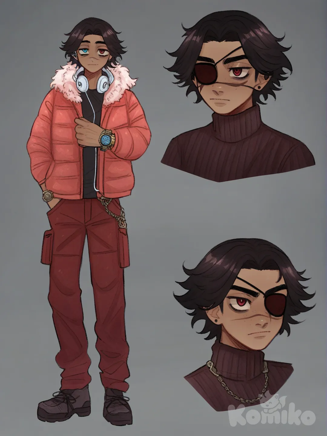 [soft-shaded-moe-style] 1boy, devil, cartoon, teen, slender, side-parted hair, red eyes, scar, dark skin, red turtleneck, red cargo pants, down jacket, lace, mechanical watch, eye patch, headphones, single character, full body, looking at viewer, simple background, white background