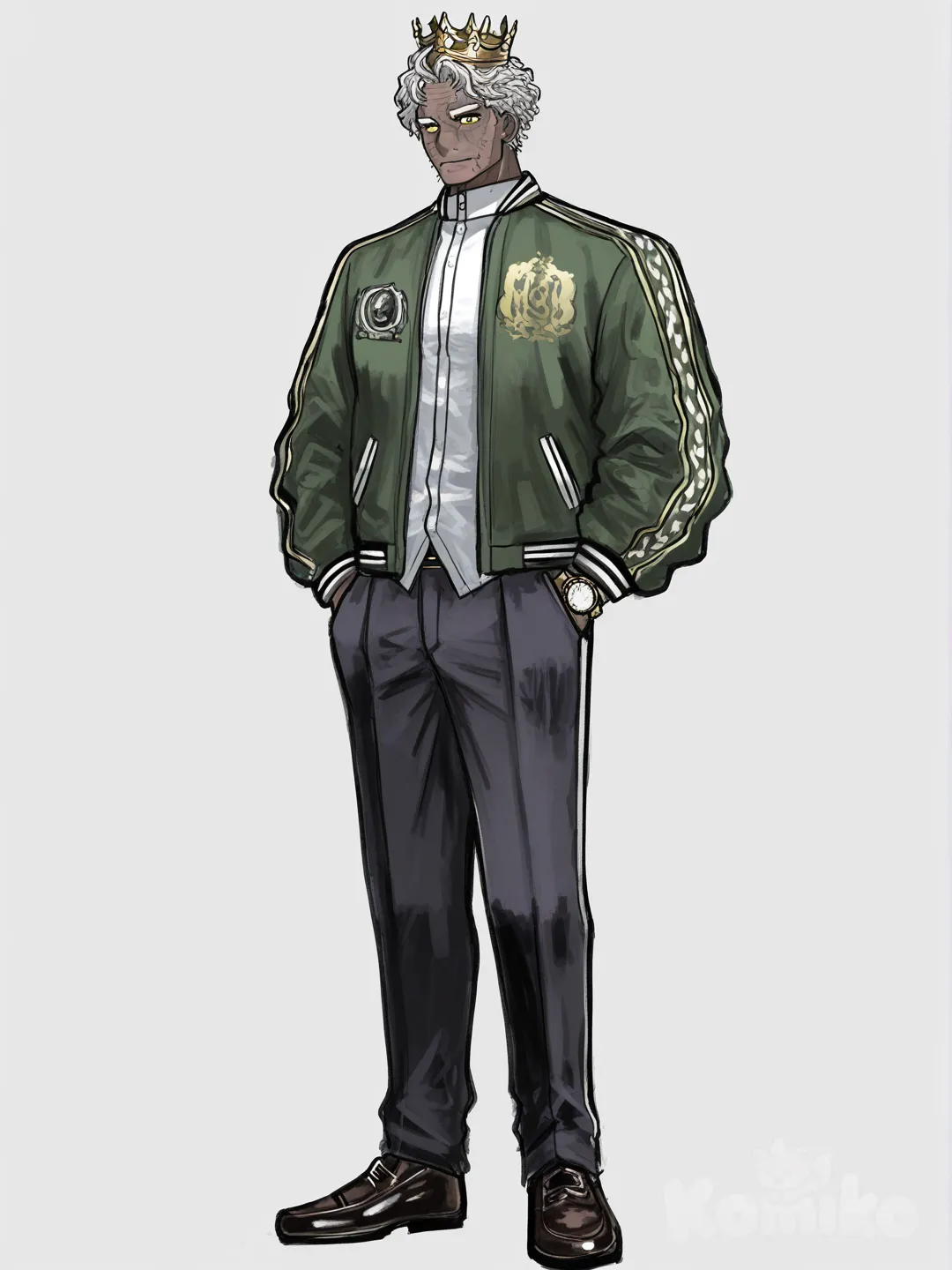 [sketchy-painterly-style] 1boy, mello beatrice, cartoon, mature male, athletic, slim, frizzy hair, blue eyes, yellow eyes, freckles, dark-skinned male, varsity jacket, king clothes, lace, crown, mechanical watch, single character, full body, looking at viewer, simple background, white background