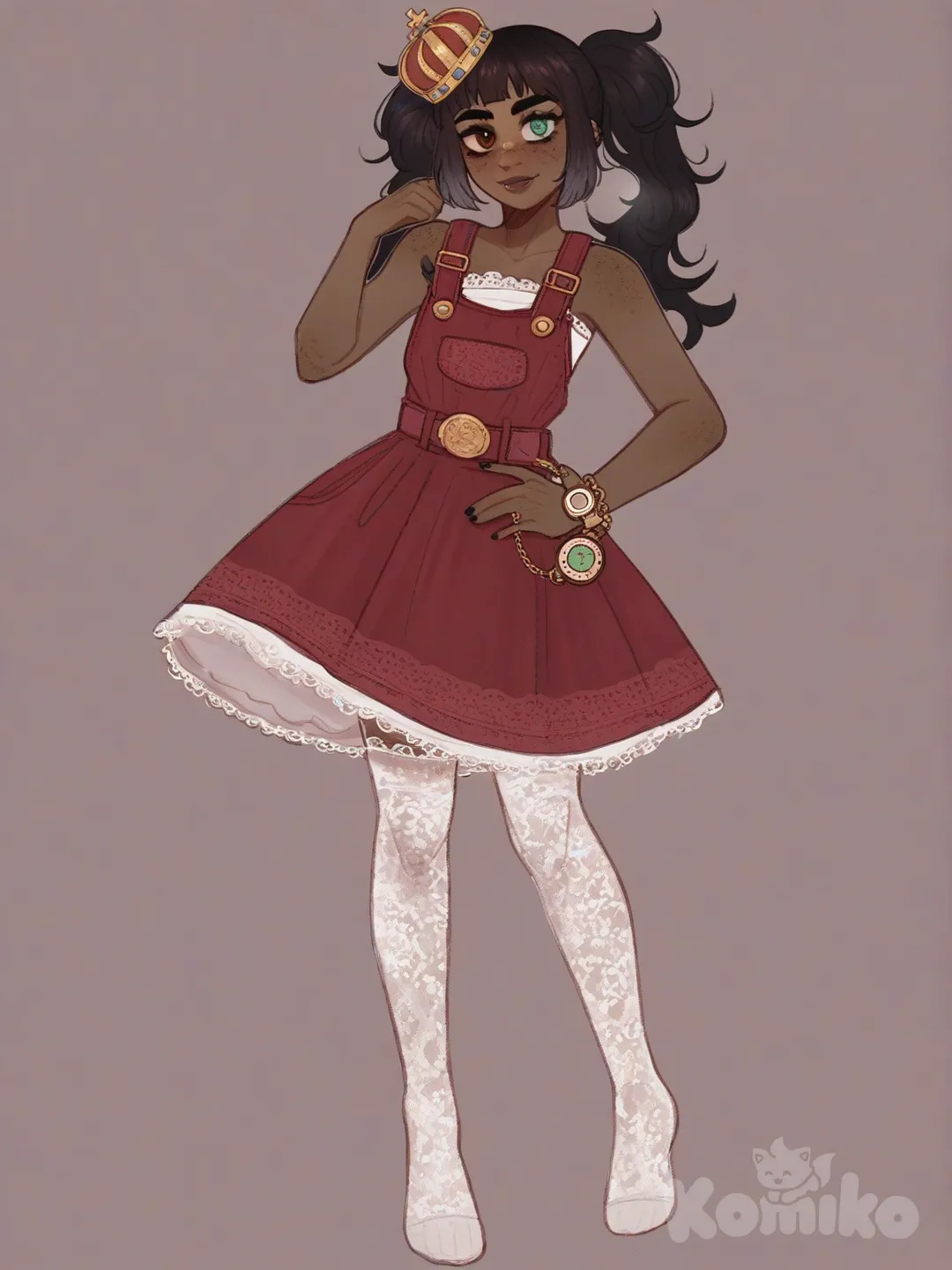 [soft-shaded-moe-style] 1girl, stella_beatrice, cartoon, mature_female, petite, pigtails, heterochromia, pink_eye, green_eye, freckles, dark_skin, red_dress, overalls, lace, knee_high_socks, mechanical_watch, crown, solo, full_body, looking_at_viewer, simple_background, white_background