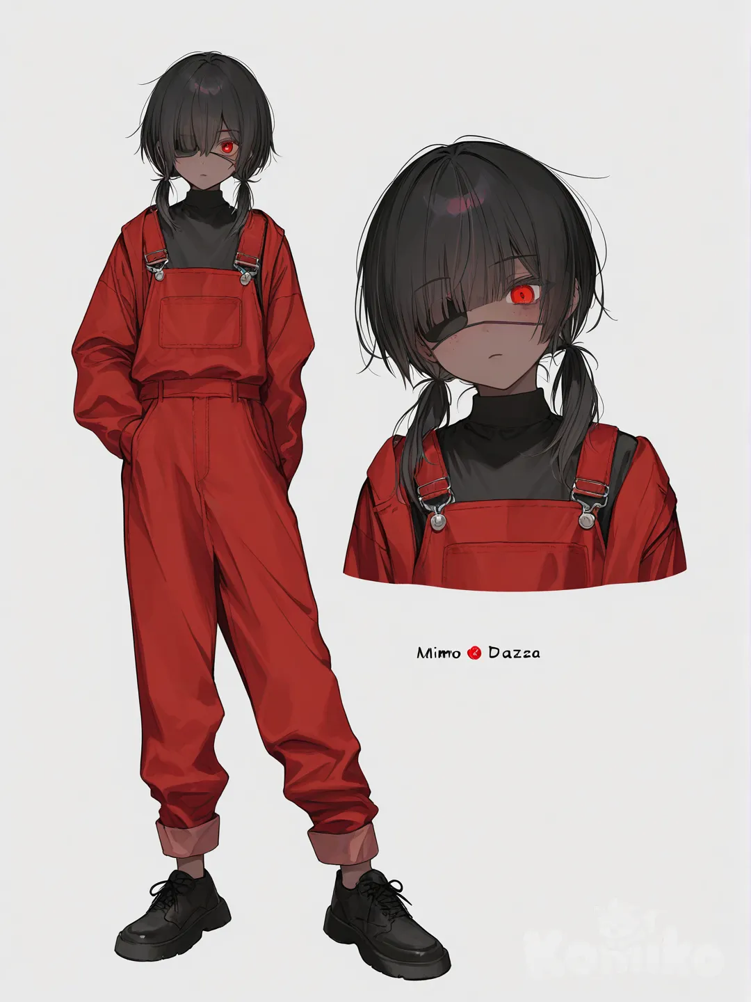 [soft-pastel-style] 1boy, mari_daza, teenager, slim, twintails, red_eyes, freckles, dark_skin, red_turtleneck, red_cargo_pants, red_down_jacket, red_overalls, lace, eyepatch, single_character, full_body, looking_at_viewer, simple_background, white_background