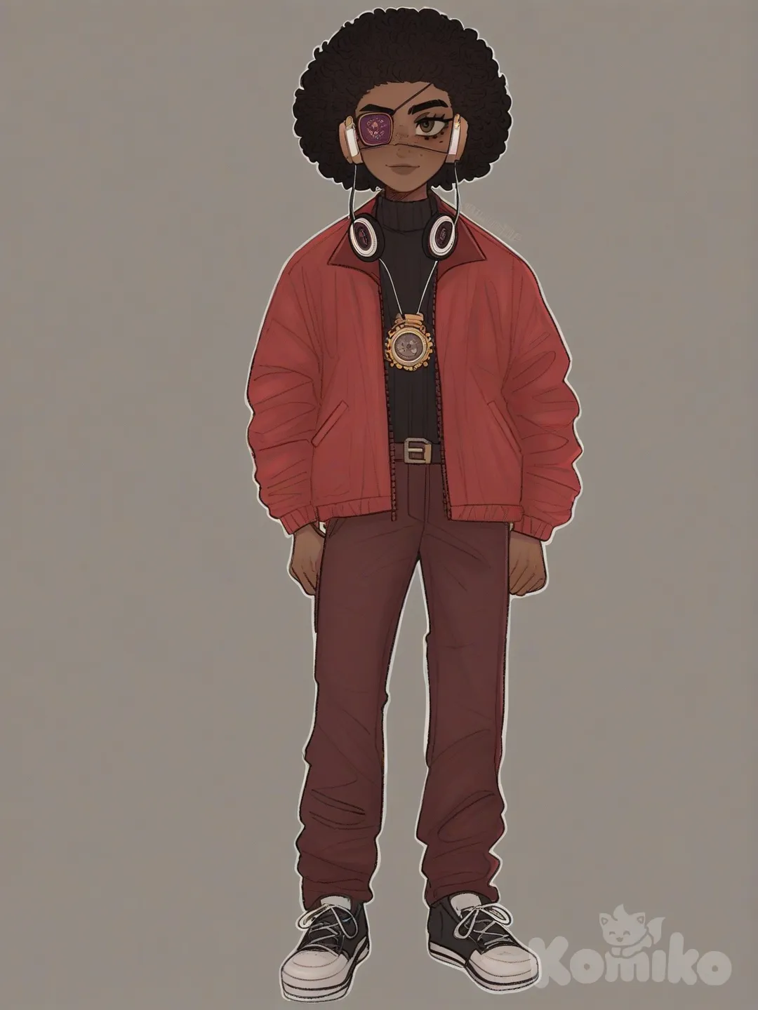 [soft-shaded-moe-style] 1girl, solo, cartoon, teenager, slim, afro, brown_eyes, freckles, dark_skin, red_turtleneck, red_cargo_pants, red_down_jacket, lace, eyepatch, headphones, mechanical_watch, single character, full body, looking at viewer, simple background, white background
