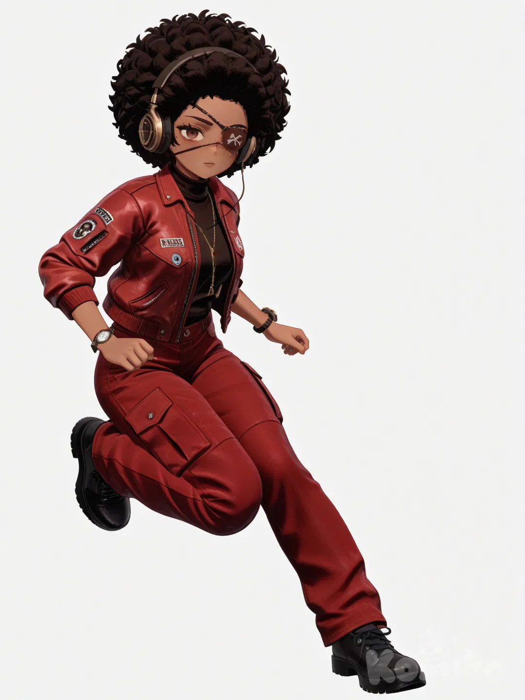 [3d-anime-style] 1girl, solo, cartoon, teenager, slim, afro, brown_eyes, freckles, dark_skin, red_turtleneck, red_cargo_pants, red_down_jacket, lace, eyepatch, headphones, mechanical_watch, single character, full body, looking at viewer, simple background, white background