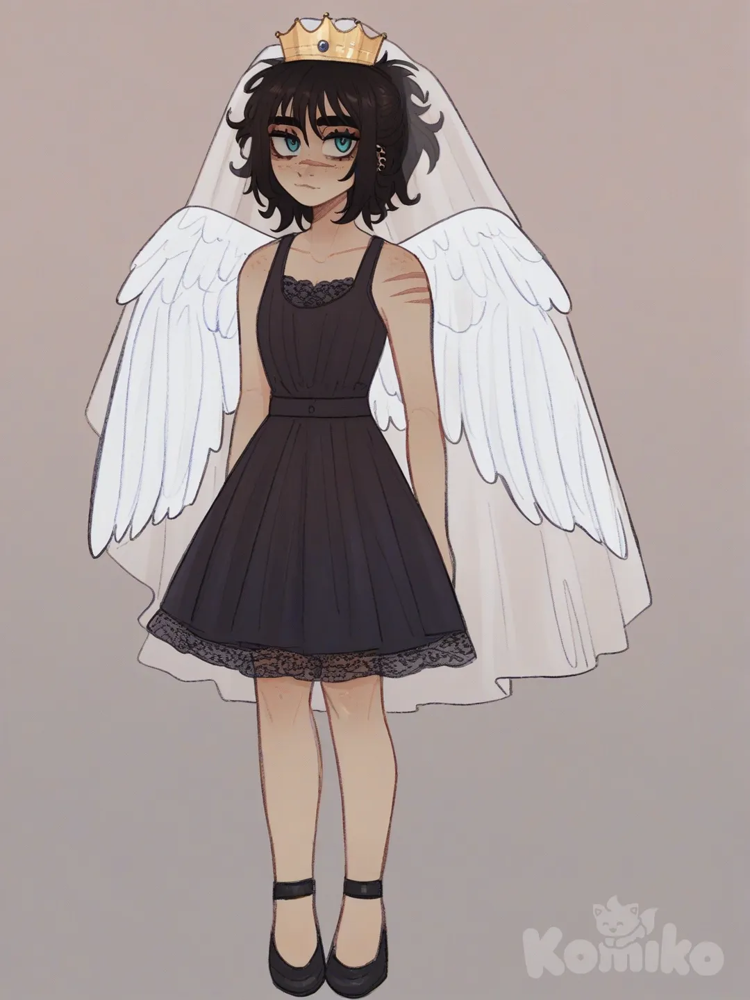 [soft-shaded-moe-style] 1girl, vampire, teenager, slim, frizzy hair, blue eyes, freckles, scar, dark skin, vest, overalls, little black dress, lace, angel wings, crown, wedding veil, single character, full body, looking at viewer, anime style, simple background, white background