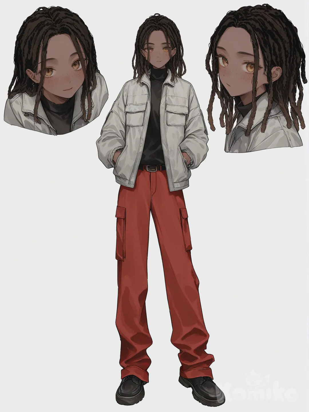 [soft-pastel-style] 1girl, teenager, tall, dreadlocks, brown_eyes, freckles, scar, dark_skin, red_turtleneck, red_cargo_pants, down_jacket, lace, cartoon, soft_shaded_moe_style, single character, full body, looking at viewer, simple background, white background