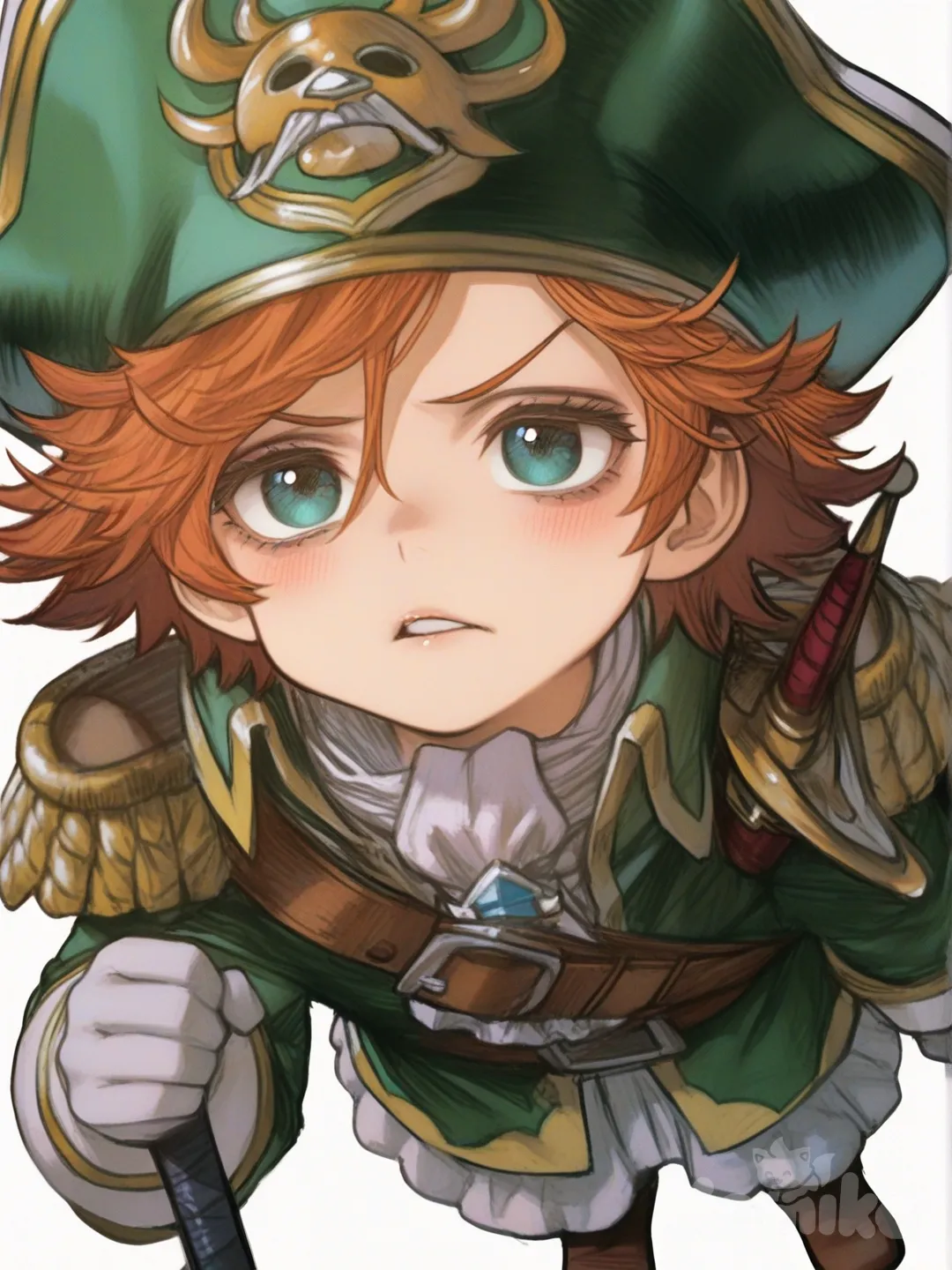 [semi-realistic-portrait-style] 1boy, jake_(jake_and_the_neverland_pirates), pirate, tricorn_hat, brown_hair, child, sword, single character, full body, looking at viewer, anime style, simple background, white background