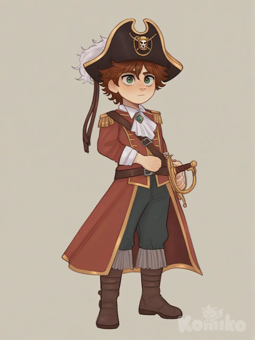 [soft-shaded-moe-style] 1boy, jake_(jake_and_the_neverland_pirates), pirate, tricorn_hat, brown_hair, child, sword, single character, full body, looking at viewer, anime style, simple background, white background