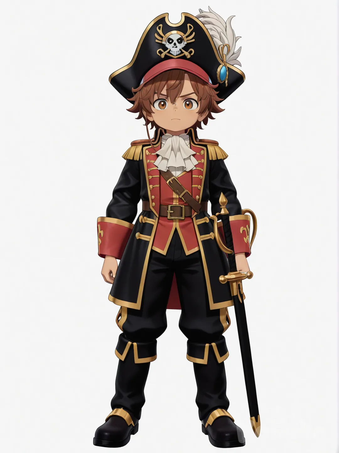 [3d-anime-style] 1boy, jake_(jake_and_the_neverland_pirates), pirate, tricorn_hat, brown_hair, child, sword, single character, full body, looking at viewer, anime style, simple background, white background